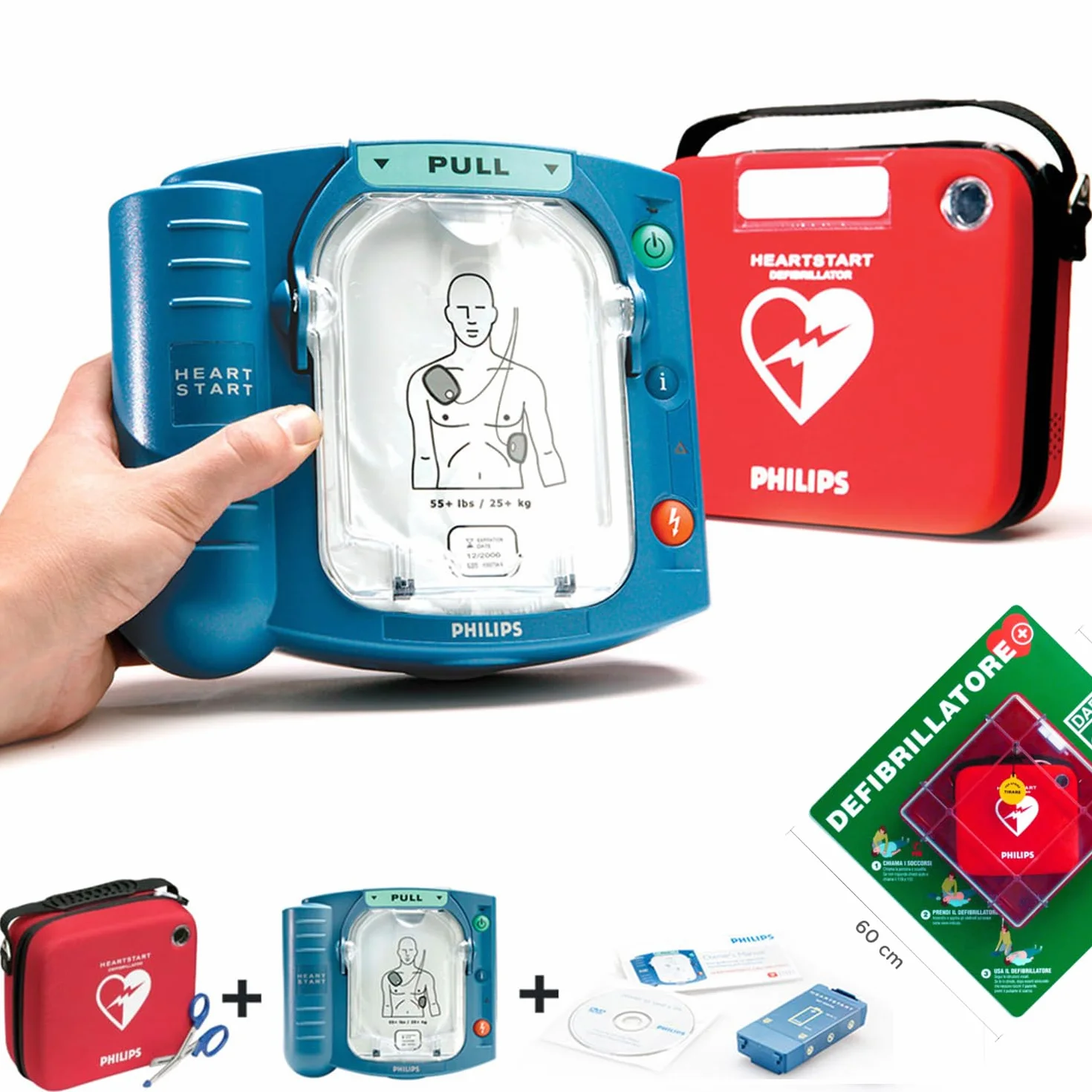 Kit Defibrillatore Semiautomatico Philips HS1 con Teca da Interno e Pannello ABS, Portatile Garanzia 8 Anni