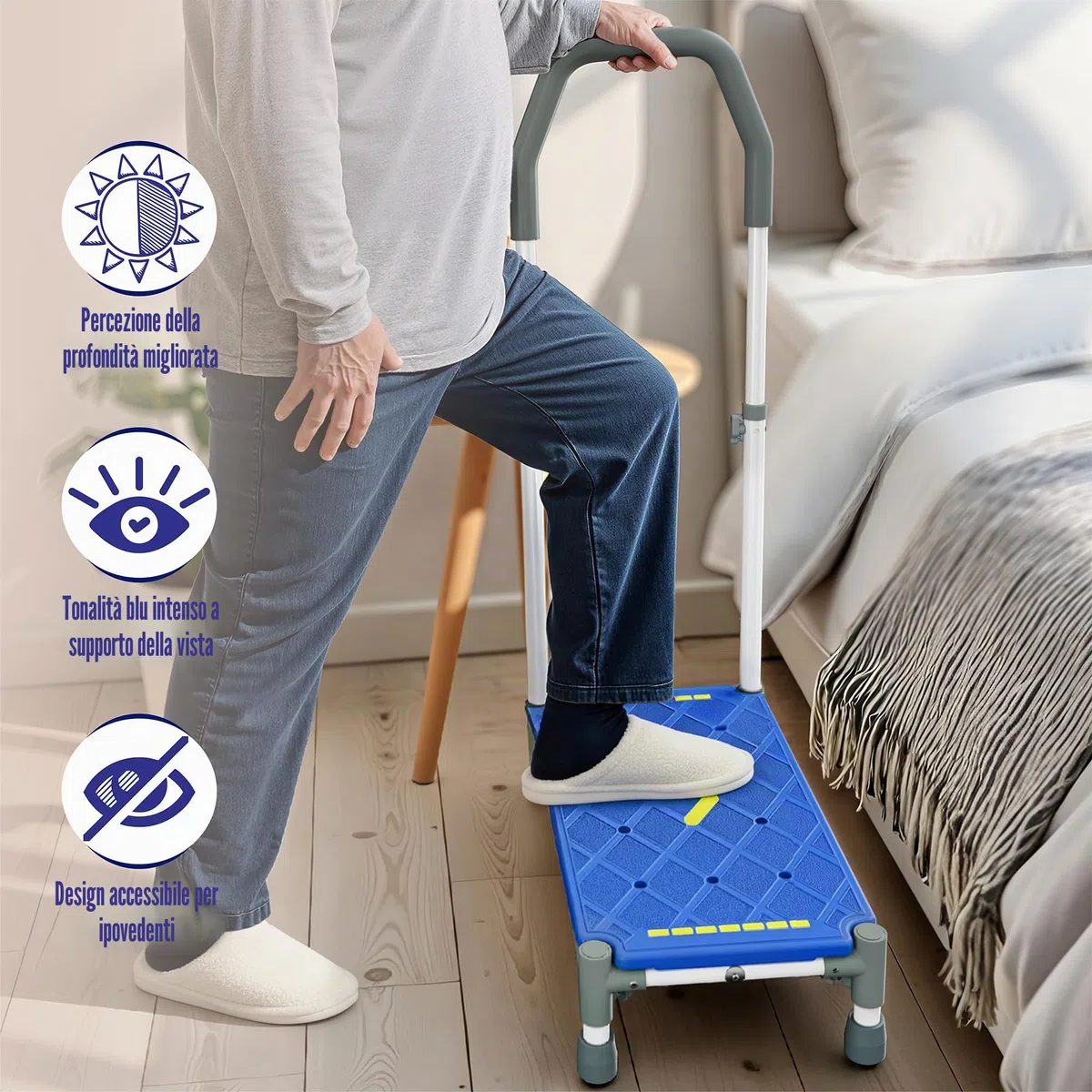 Sgabello Gradino con Pedata 55 cm – Braccioli regolabili in altezza,portata 225 kg,strisce luminescenti e antiscivolo –Ideale per letti alti,camper,cucina,bagno e anziani