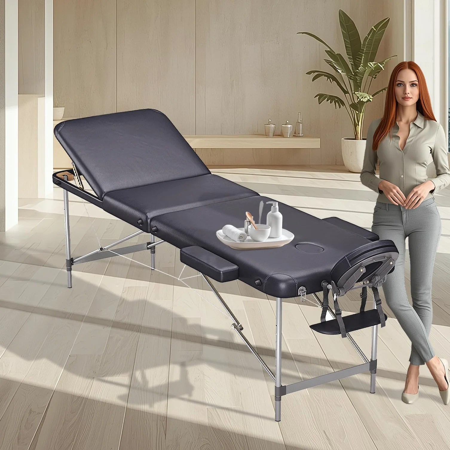 Beltom Lettino per Massaggi 3 Zone Alluminio 195x70 Cm Portatile Pieghevole Nero
