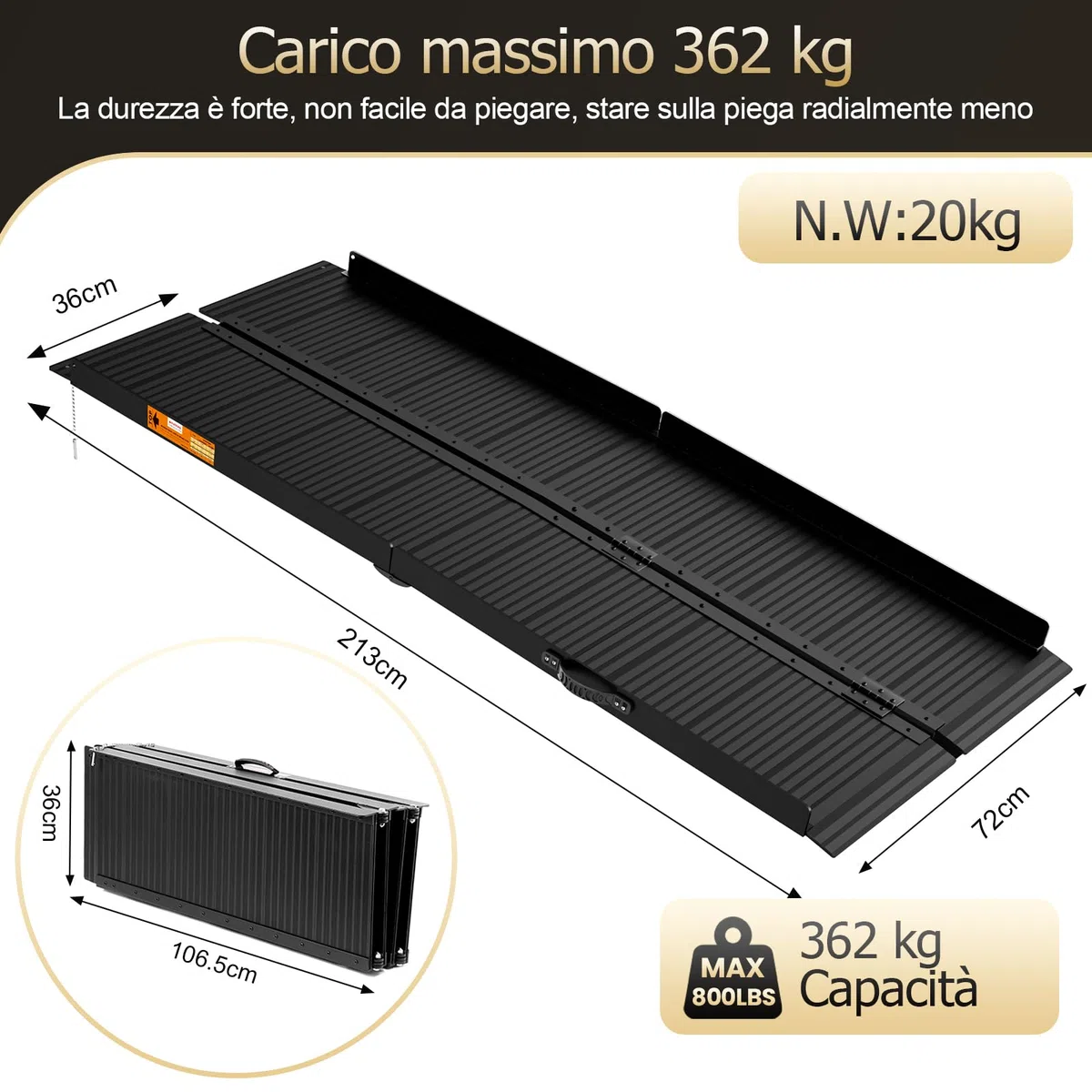 gardhom pieghevole rampa della sedia a rotelle per le scale 213.5 * 72cm, capacità di carico 362kg rampa della sedia a rotelle antiscivolo rampe per disabili