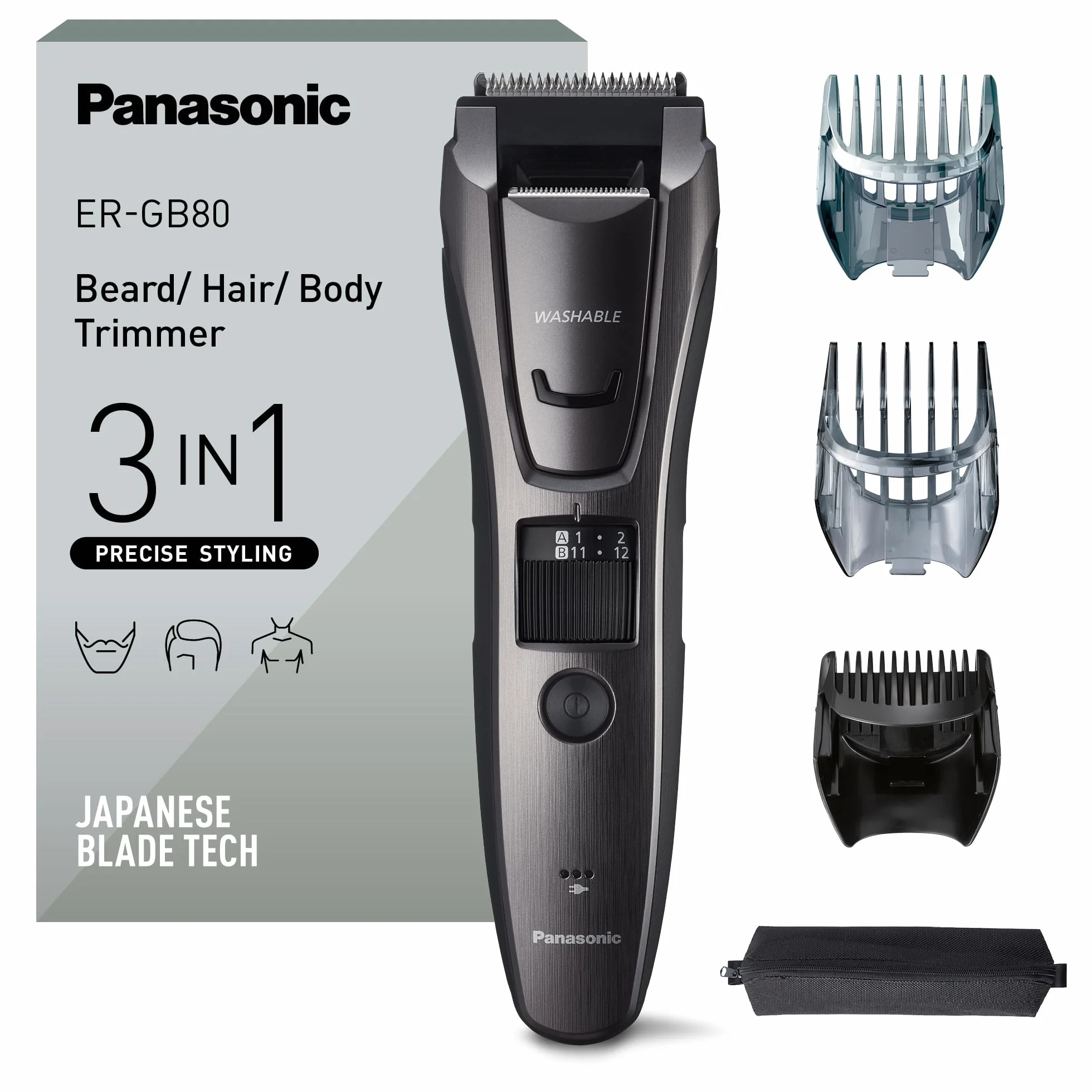 Panasonic ER-GB80 Tagliacapelli Uomo Cordless Impermeabile 39 Impostazioni Lunghezza Argento Scuro