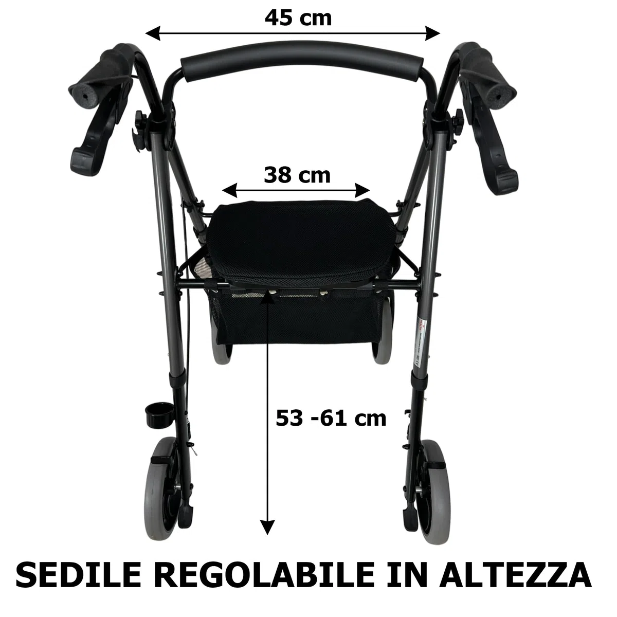 Nomad, Deambulatore in alluminio ultraleggero con 4 ruote, cestino e porta bastone incluso, Seduta regolabile in Altezza
