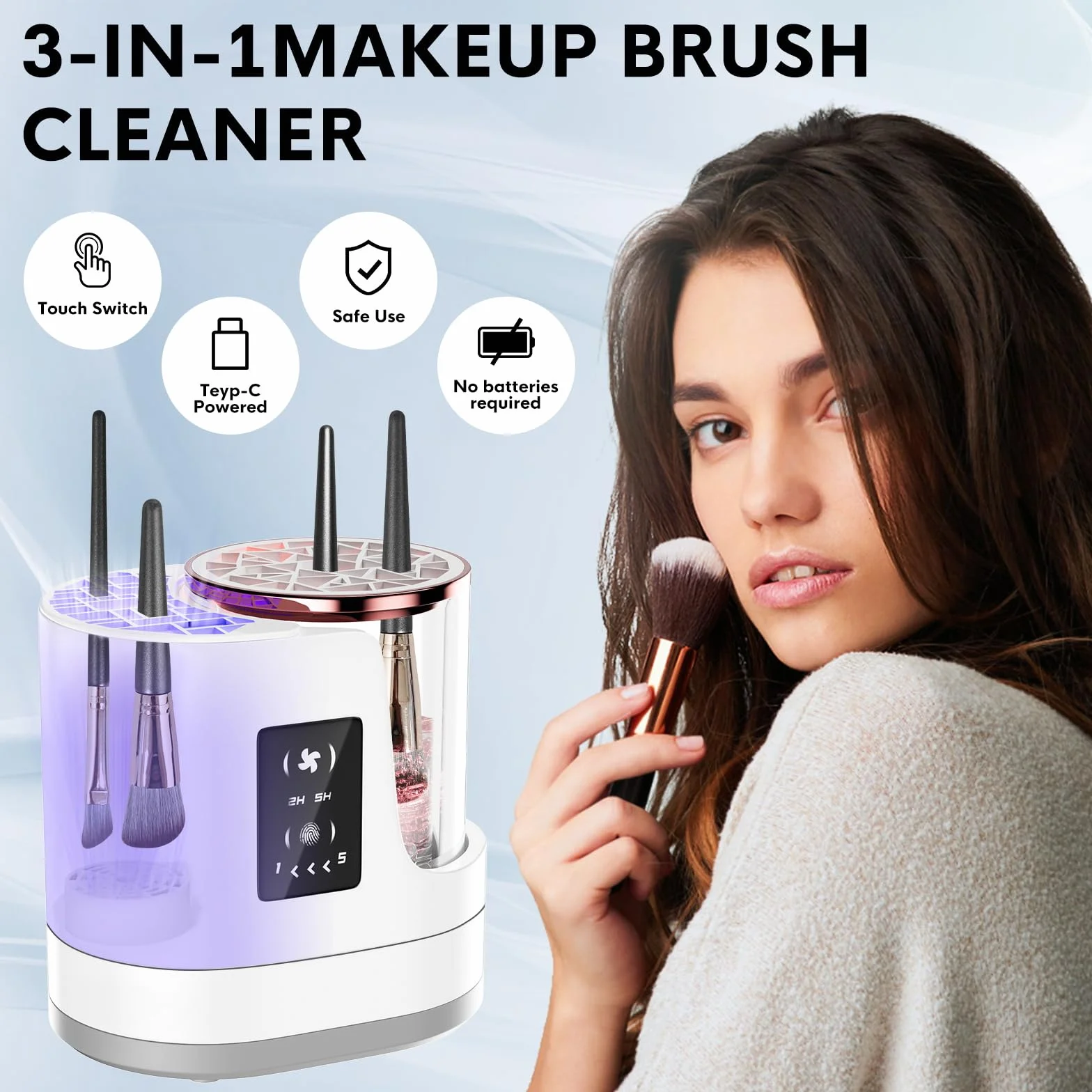 Pulitore elettrico 3 in 1 per pennelli da trucco, automatico, con asciugacapelli, USB, portatile, per pulizia profonda di tutte le dimensioni, pennello per fard, spugne