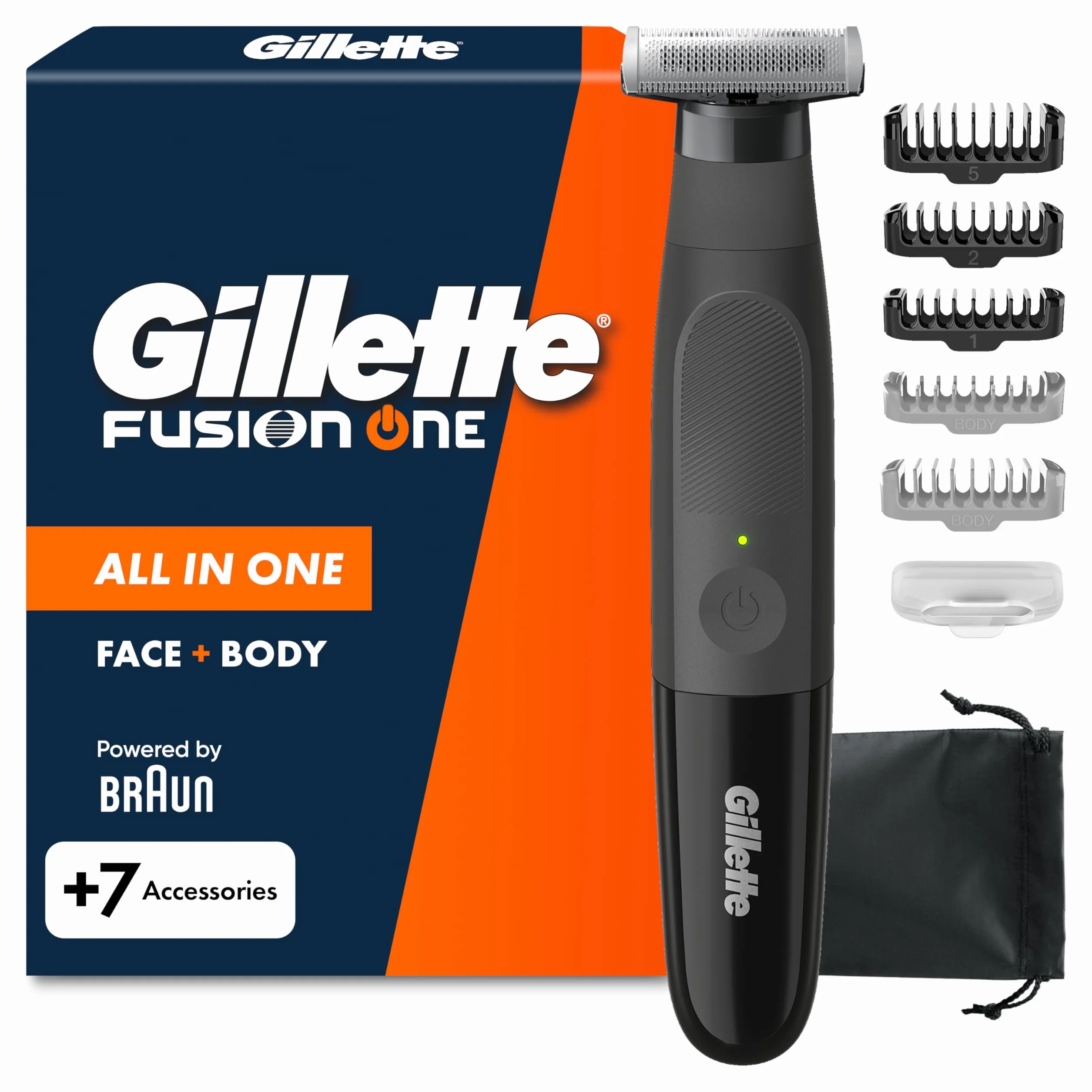 Gillette Fusion One Rasoio Elettrico Uomo Barba e Corpo, 3 Pettini Barba (1,2,5mm), Testina Oscillante, Impermeabile, 45 Min Autonomia