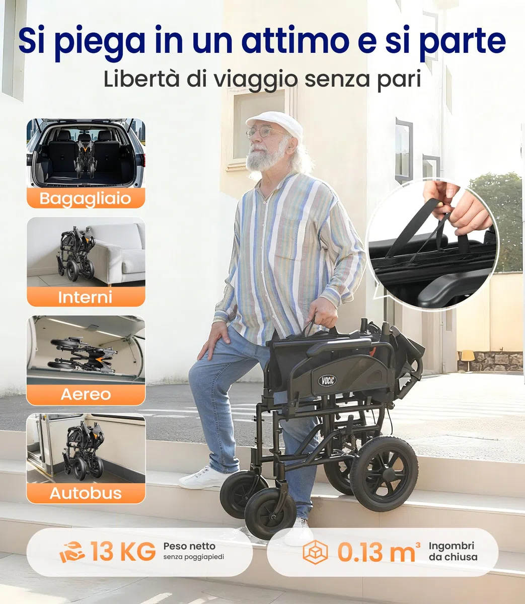 VOCIC Sedia a rotelle U11, pieghevole, leggera, 13 kg, sedia a rotelle per l'appartamento, pieghevole fino a 136 kg, seduta 46 cm, due freni, 30 cm, cuscino in rete 3D, sedie a rotelle strette