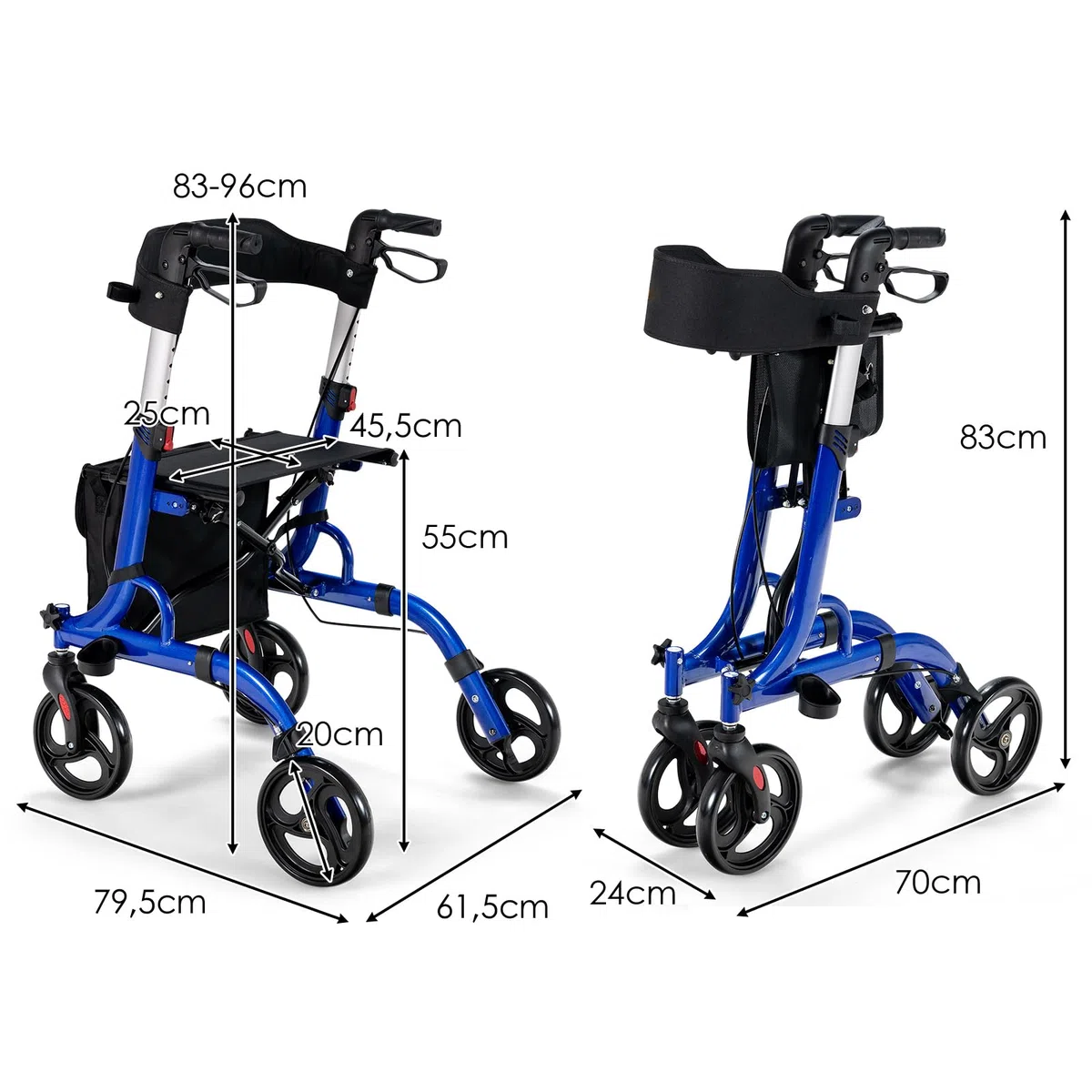 COSTWAY Deambulatore con Seduta 2 in 1, Rollator Pieghevole, Deambulatore per Anziani con 4 Ruote, Maniglie Regolabili Freni, con Doppia Funzione Schienale Reversibile e Borsa Portaoggetti (Blu)