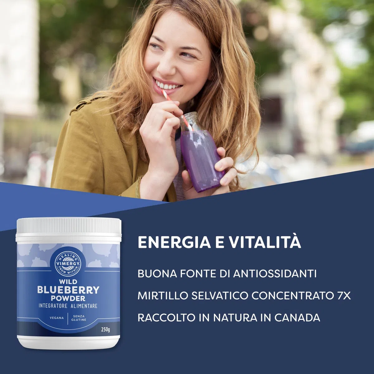 Vimergy Wild Blueberry Powder, 62 Porzioni – Polvere di Mirtilli Selvatici da Mirtilli Interi - Integratore Mirtillo Vegano – Senza Zuccheri Aggiunti o Riempitivi – Senza OGM e Senza Glutine (250 g)