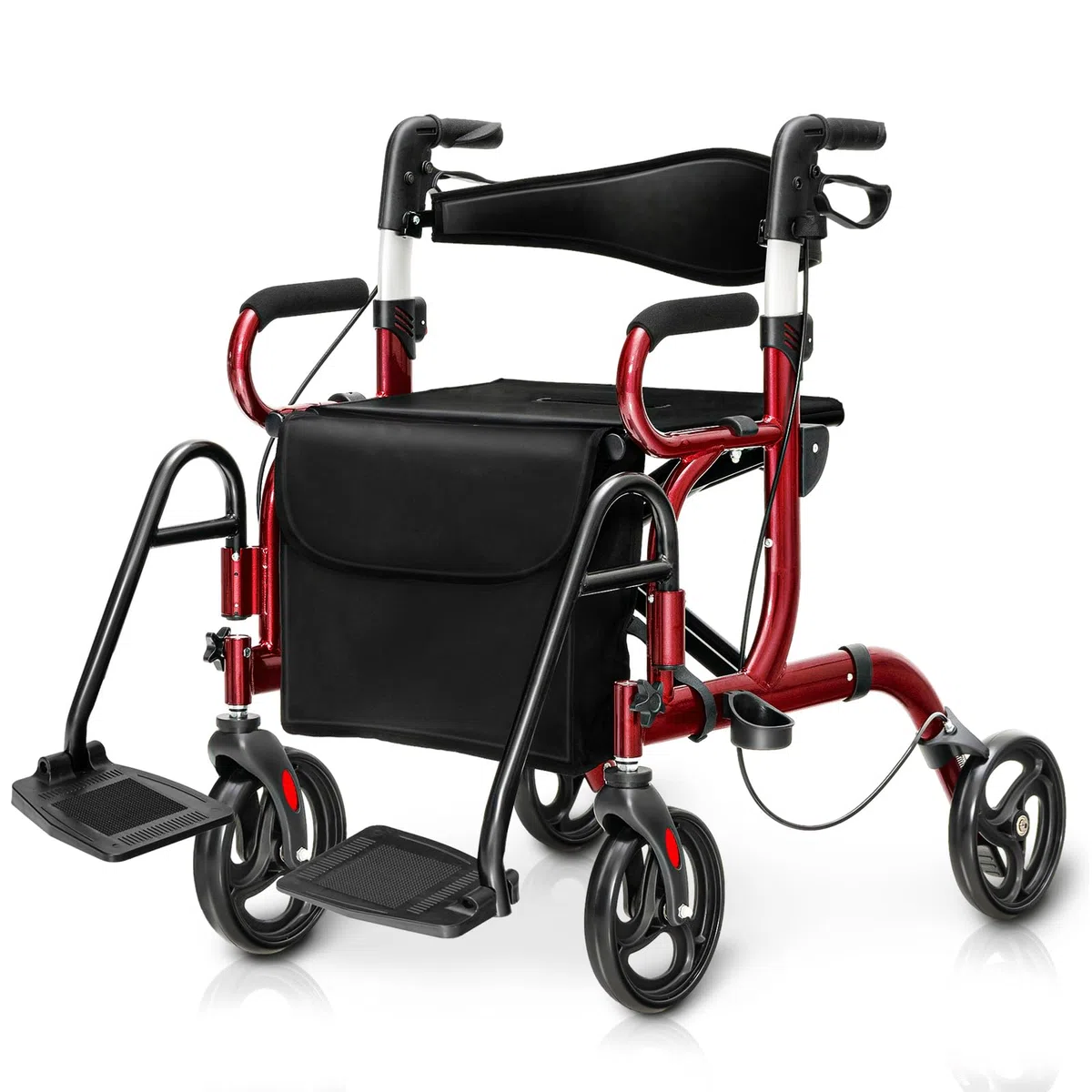 COSTWAY Deambulatore 2 in 1 per Anziani in Alluminio, Rollator Pieghevole e Regolabile in Altezza con Sedia, Schienale Reversibile, Manici Regolabili, Ruote, Poggiapiedi e Borsa Rimovibile (Rosso)