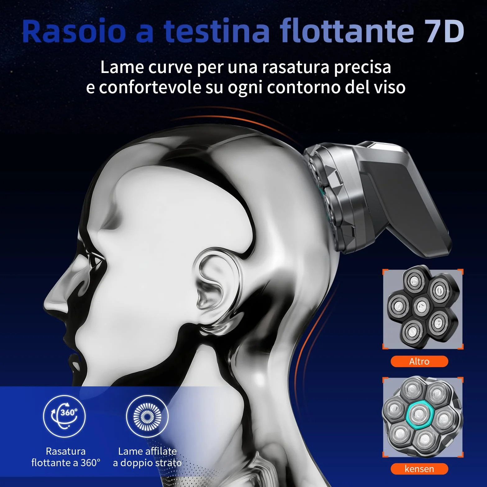 kensen Rasoio Elettrico Testa Calva Uomo 7D IPX6 Impermeabile 100 Minuti Autonomia Testina Taglio Magnetica USB-C 8100 8500 giri/min
