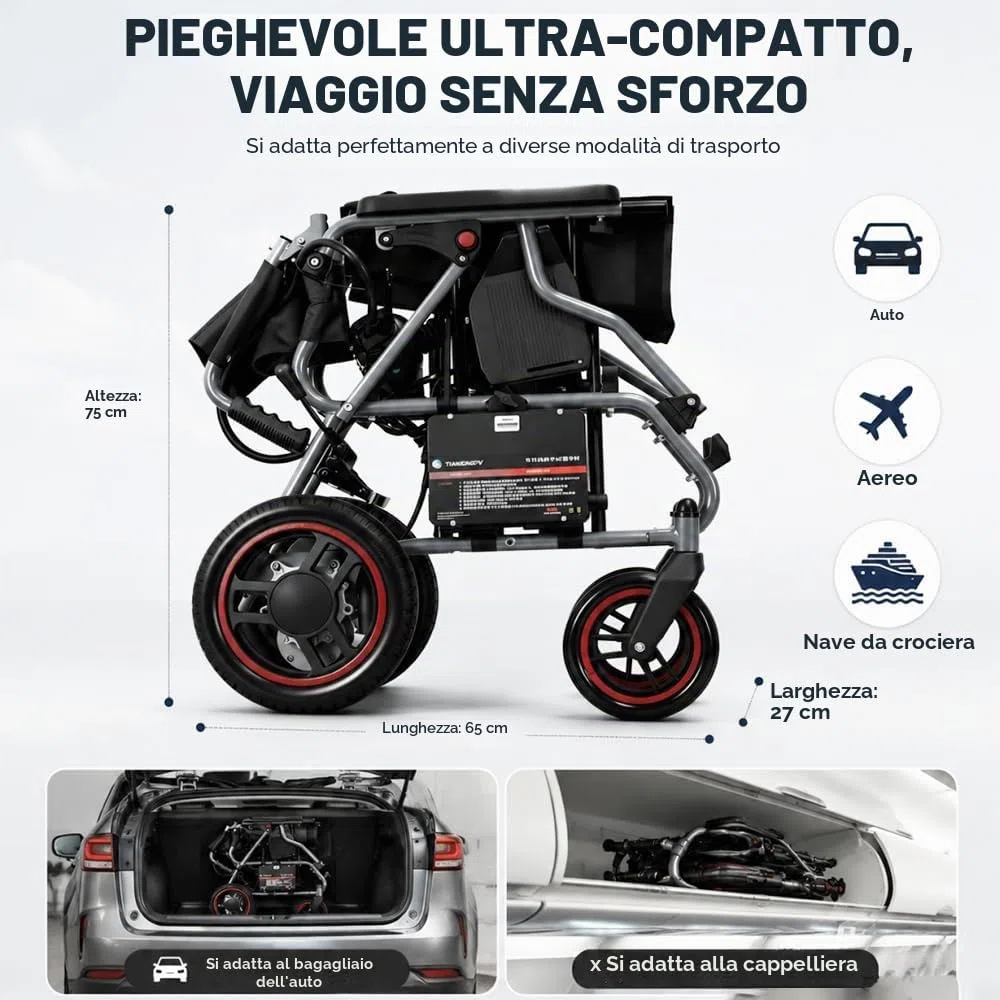 Sedia A Rotelle Elettrica Piegabile Per Adulti,Sedia A Rotelle Elettrica Autonomia 25 KM, Tutto Terreno, Per Anziani, Portata Massima 150 Kg, Colore Nero