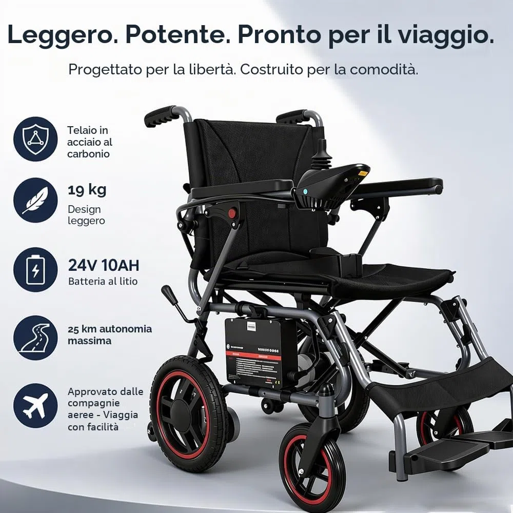 Sedia A Rotelle Elettrica Piegabile Per Adulti,Sedia A Rotelle Elettrica Autonomia 25 KM, Tutto Terreno, Per Anziani, Portata Massima 150 Kg, Colore Nero