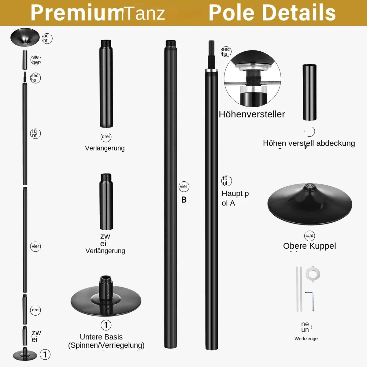 Poledance - Asta professionale per pole dance, regolabile in altezza, 223-280 cm, statica e girevole, con prolunga, in acciaio cromato, portata 200 kg, per pole dance, ginnastica, fitness