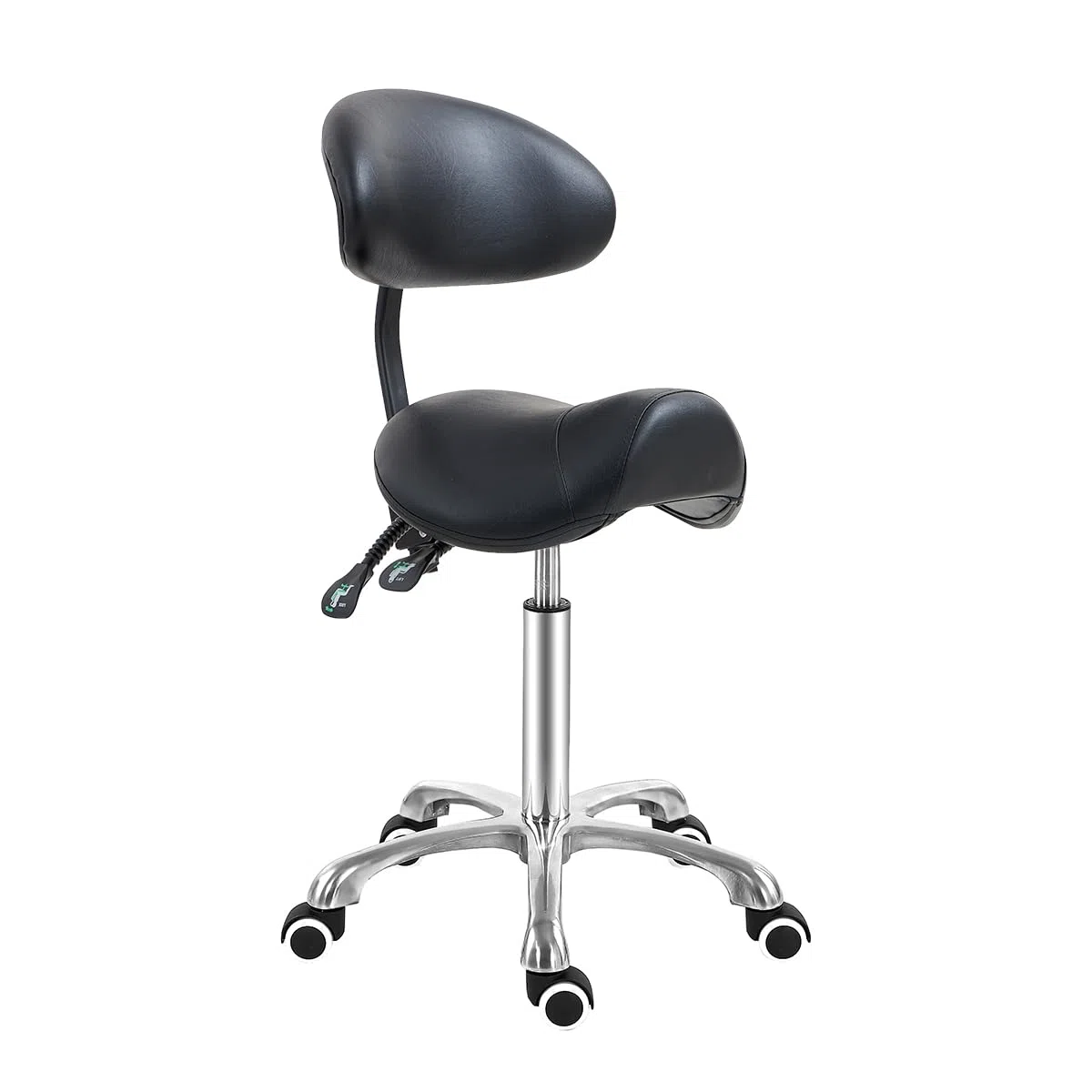 Antlu Sgabello a sella con supporto per lo schienale, sgabello ergonomico per estetista, per saloni, tatuaggi, spa, medici, dentisti, cliniche (con schienale regolabile, nero)
