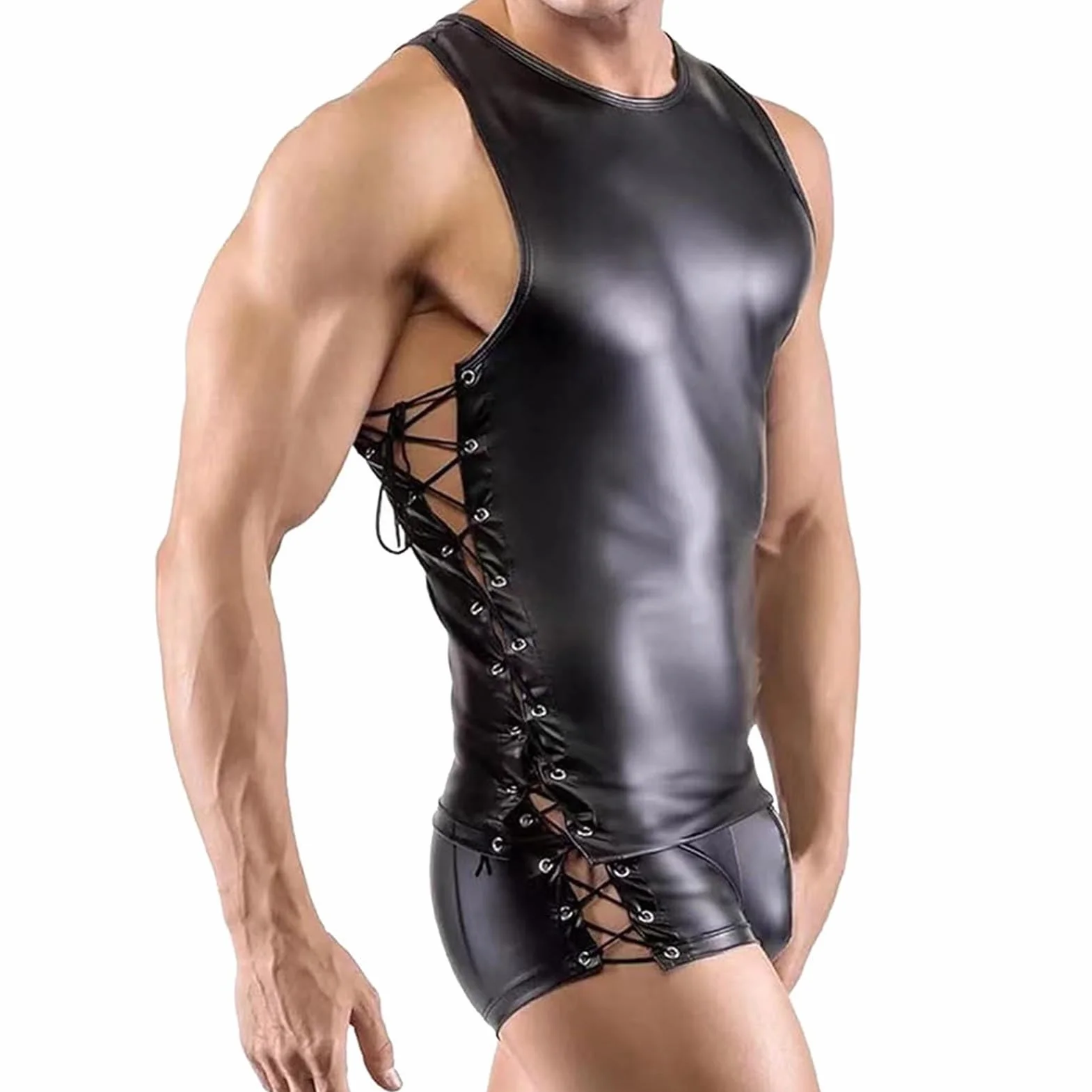 Camicia in Lattice da Uomo Completo Sexy Similpelle Nero Intimo A Maniche Corte Clubwear