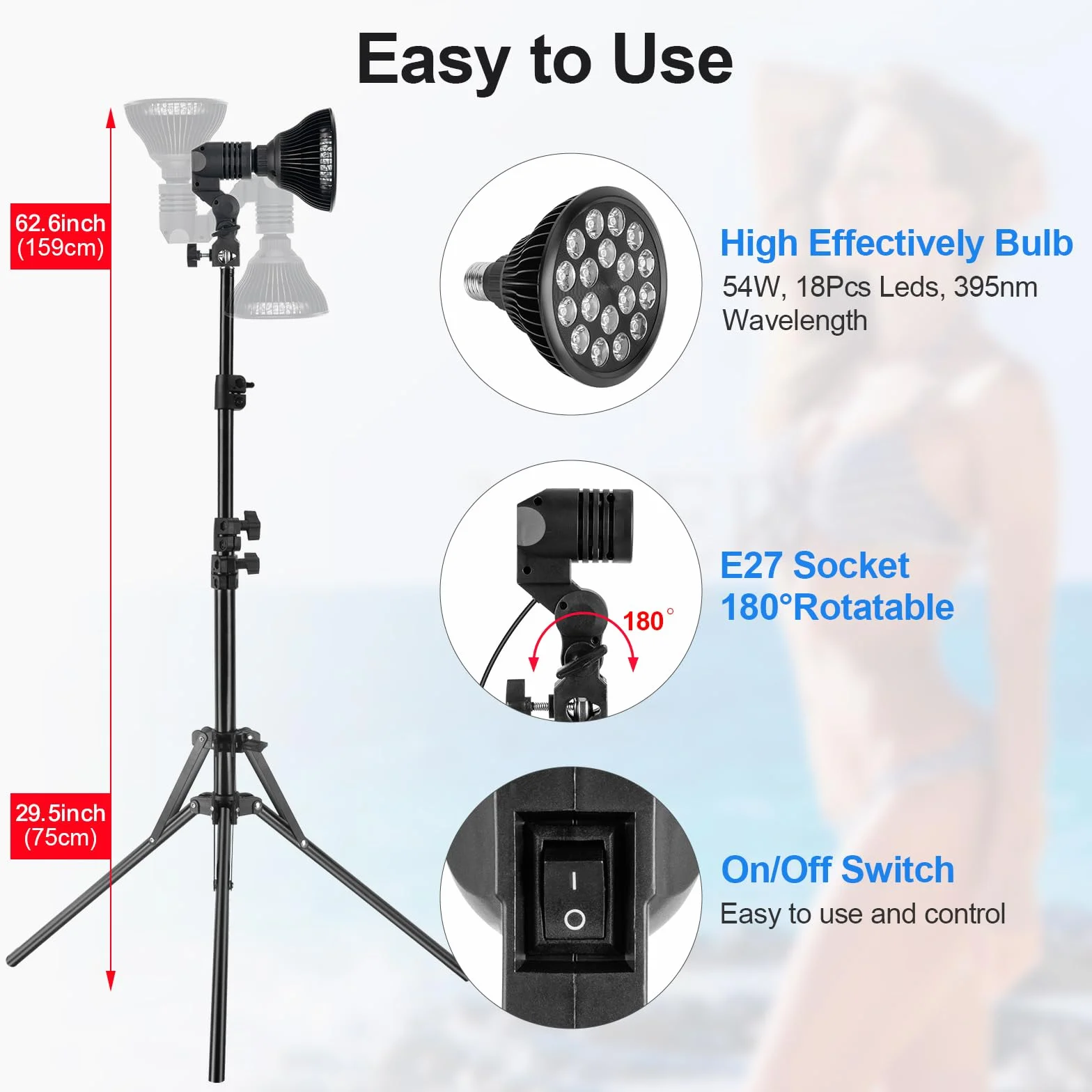 Lampada Abbronzante Viso Casa 54W 395nm con Treppiede Telescopico Regolabile