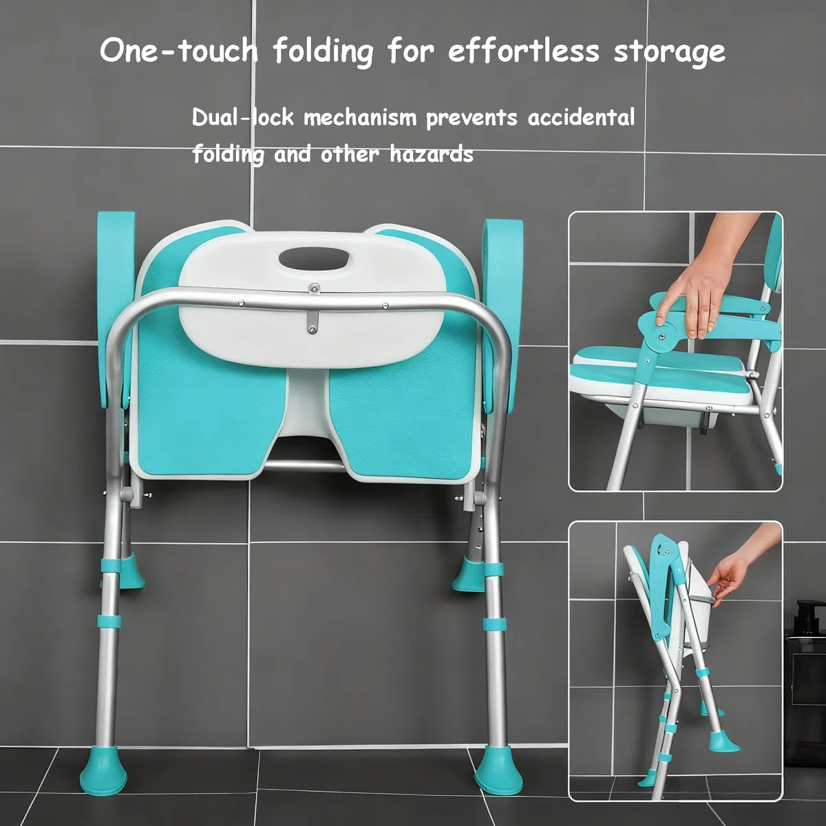 Sedia da Doccia per Anziani, Sedia per Doccia Pieghevole con Design a Scanalatura 3D, Schienale e Braccioli, 5 Altezze Regolabili, Portata Fino a 180 kg, per Anziani e Disabili