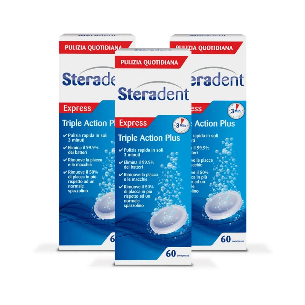 Steradent Triple Action Plus, 60 Compresse 3 Confezioni, Maxi formato