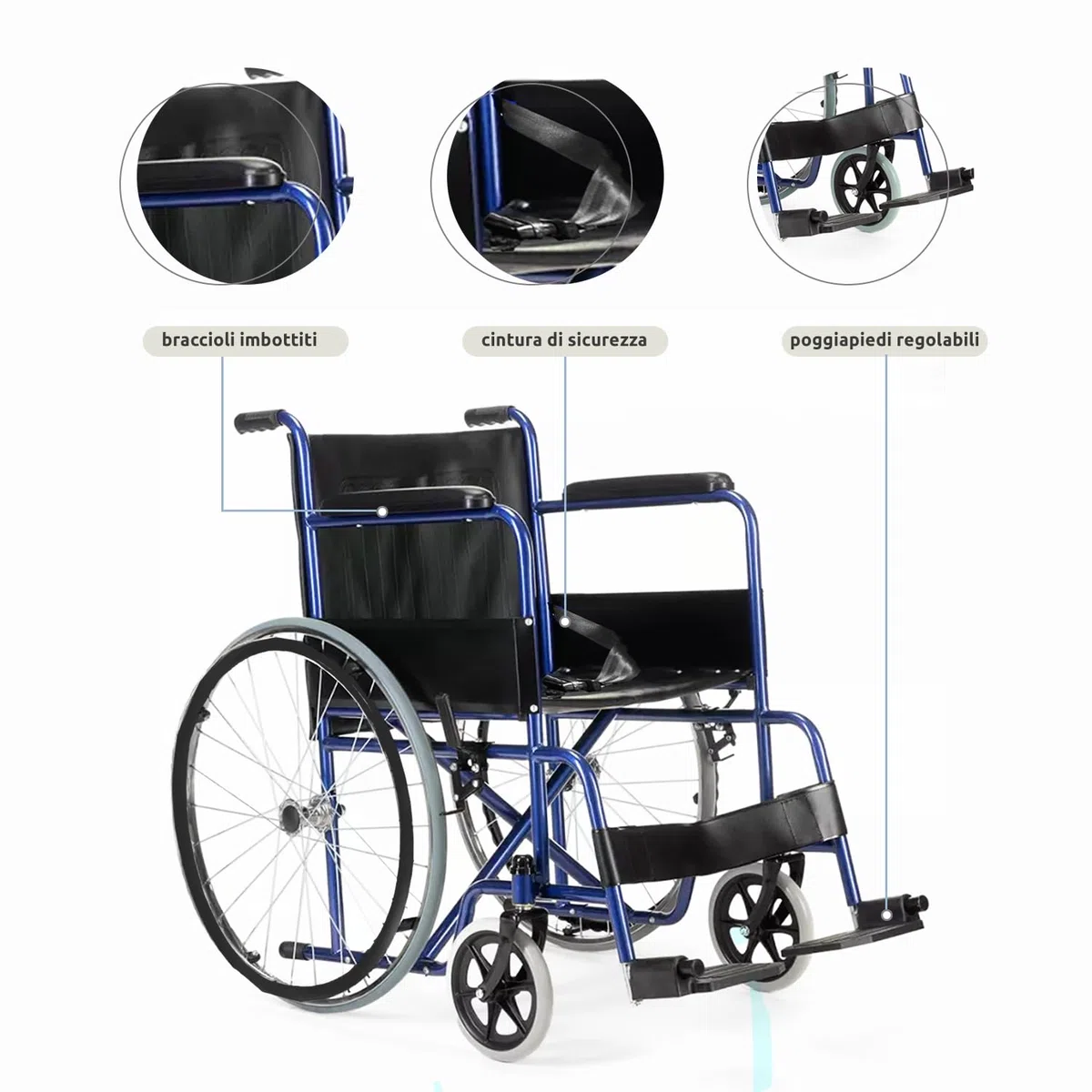 GOVITA-Sedia A Rotelle Per Anziani E Disabili,Carrozzina Pieghevole Leggera Ad Autospinta,Braccioli Fissi E Poggiapiedi Ribaltabili,Cintura Di Sicurezza E Tasca Porta Documenti