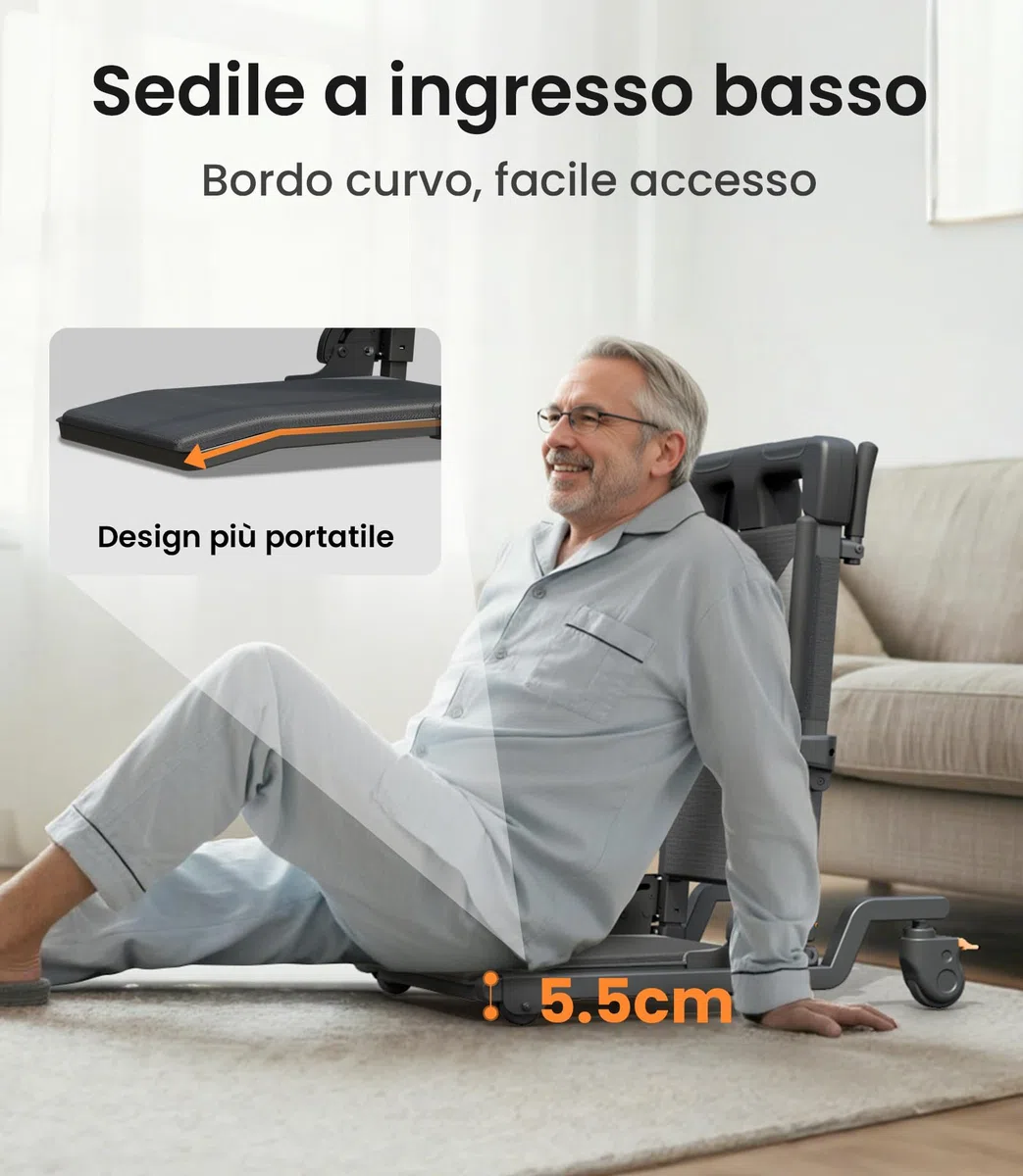 VOCIC AX35 - Sollevamento elettrico da terra con funzione di trasferimento, arrotolabile e mobile seduto per trasferimenti interni, portata fino a 160 kg, con 4 ruote e freni, compatta