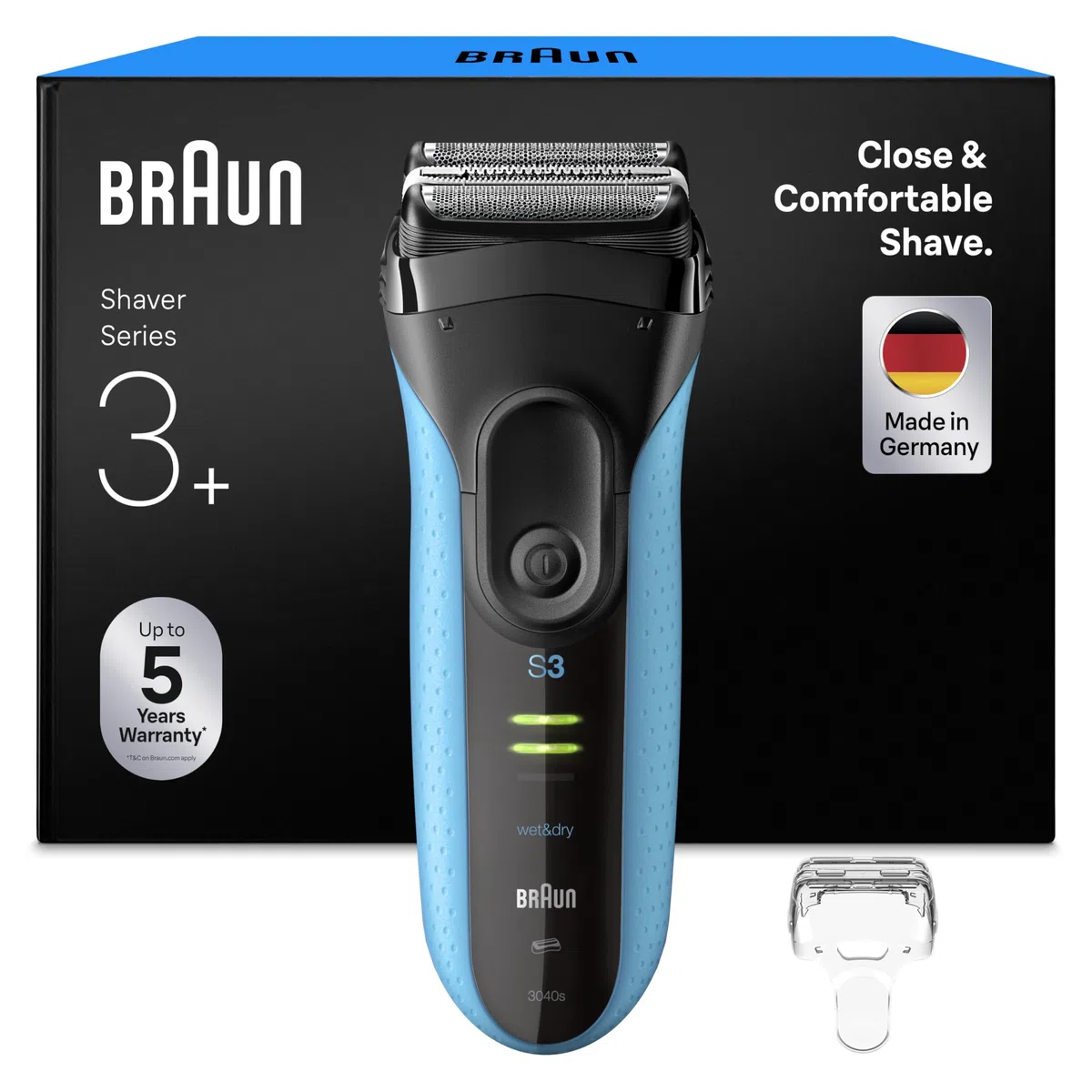 Braun Serie 3 ProSkin, Rasoio Elettrico Barba, Rifinitore di precisione, Accessori Inclusi, Idea Regalo, 3040s Nero e Blu Notte