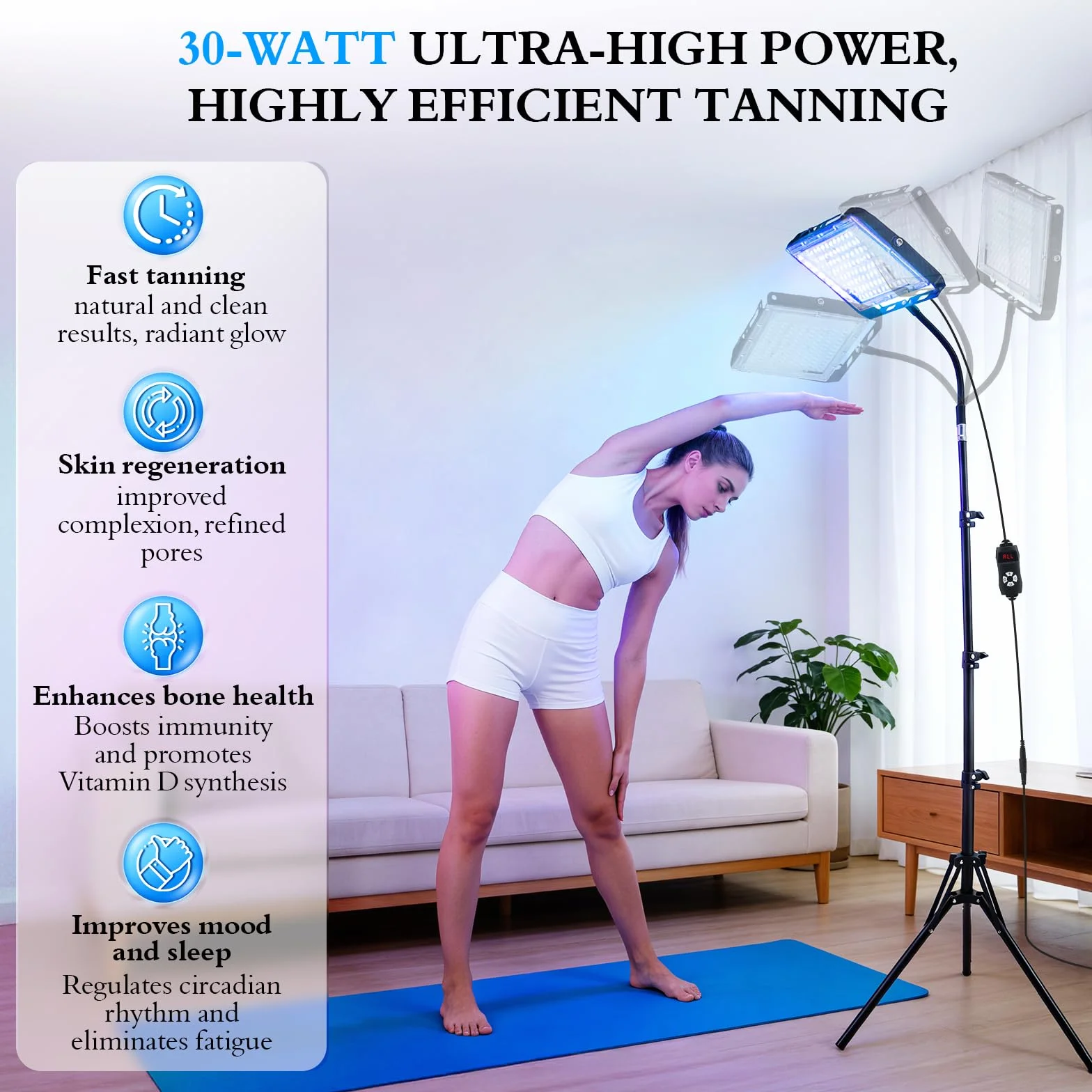 Lampada abbronzante 30W 3 modalità 5 livelli luminosità viso corpo timer regolazione altezza