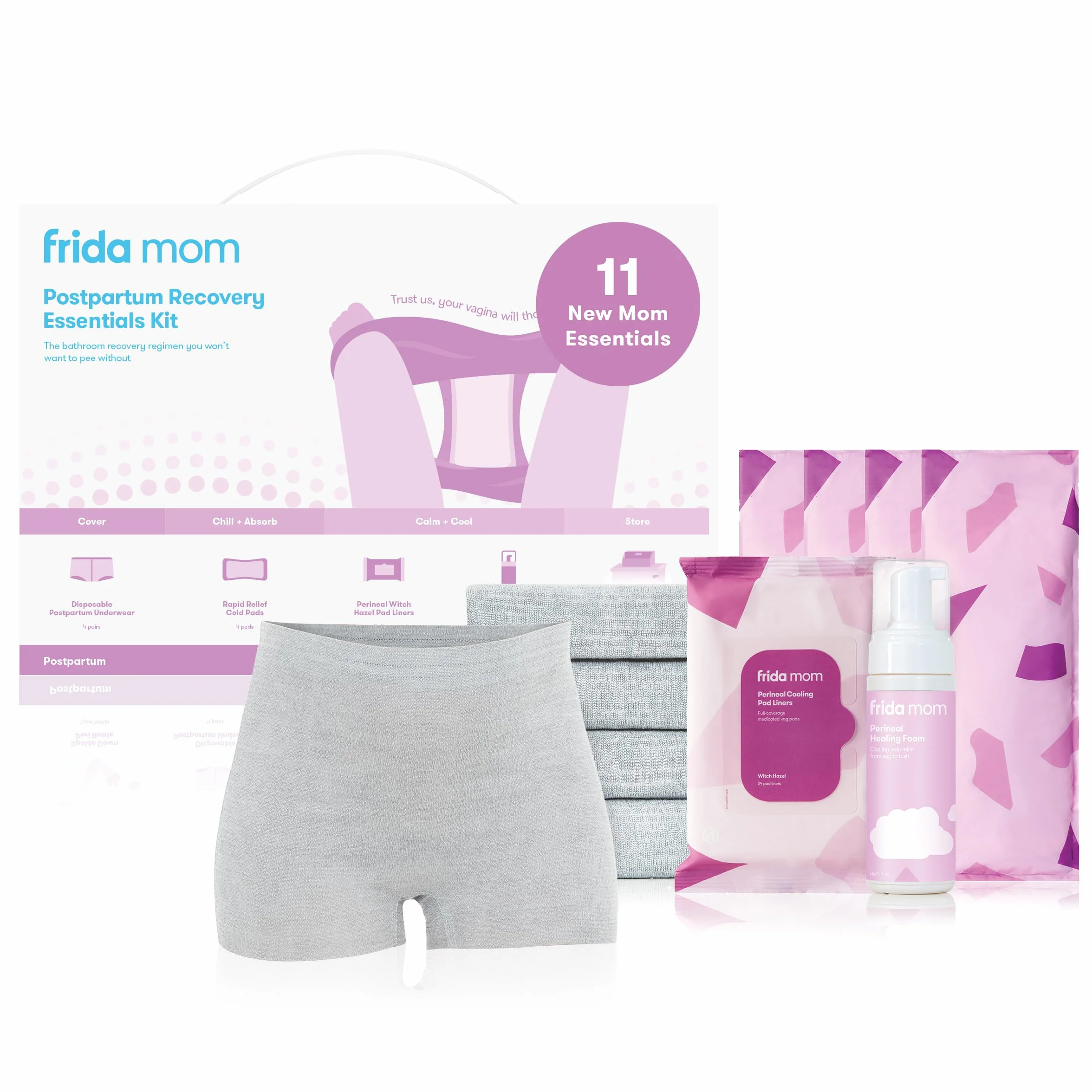 Frida Mom Kit essenziale per il recupero post parto con intimo usa e getta, maxi assorbenti, salviette refrigeranti e schiuma all'amamelide