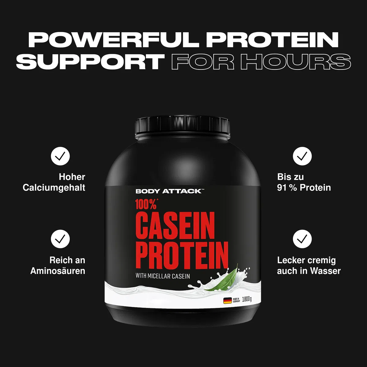 Body Attack 100% proteine caseina, naturale, 1,8 kg di proteine in polvere – ricco di aminoacidi essenziali – costruzione muscolare e conservazione