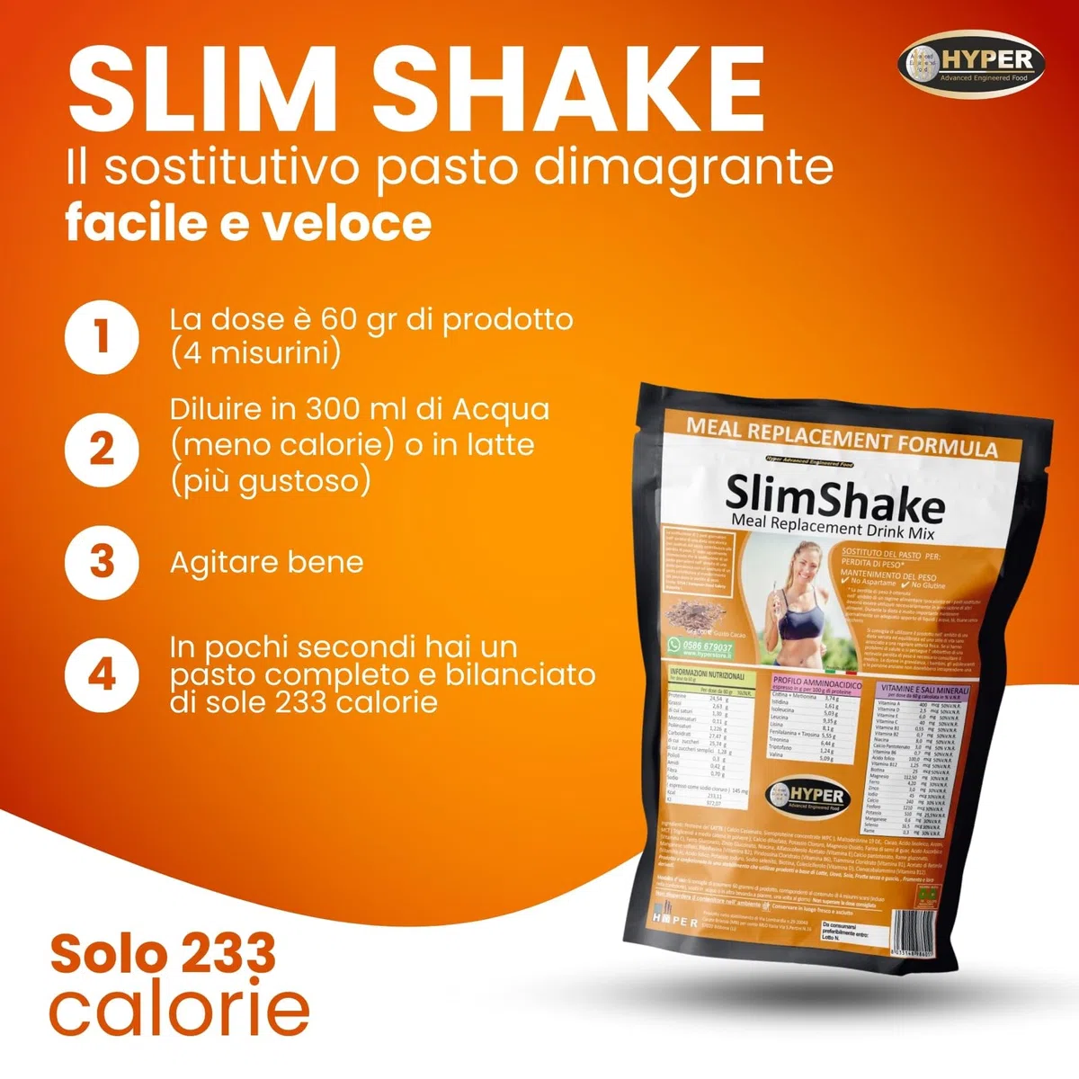 Hyper Slim Shake - Sostituto Pasto Dimagrante gr 3000 Gusto Cacao - Pasto Sostitutivo Dimagrante per Frullati e Shakes Proteici Ideale per Perdita e Controllo del Peso Forma. Made in Italy