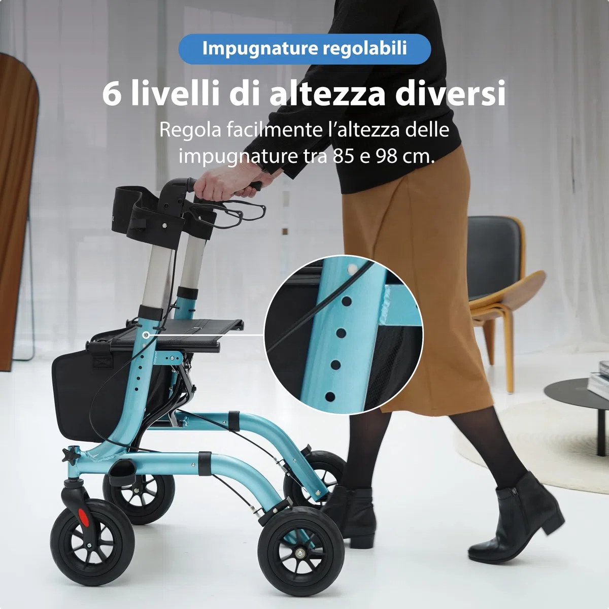 Safe Age Deambulatore con Seduta Ultraleggero - Girello Pieghevole per Anziani per Uso Interno ed Esterno con 4 Ruote, Schienale e Porta Bastone