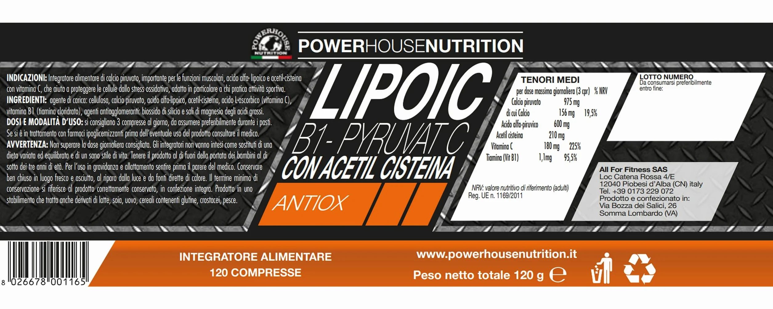 Powerhouse Nutrition Acido Alfa Lipoico 600mg con Piruvato, NAC, Vitamina C e B1 - 120 Compresse