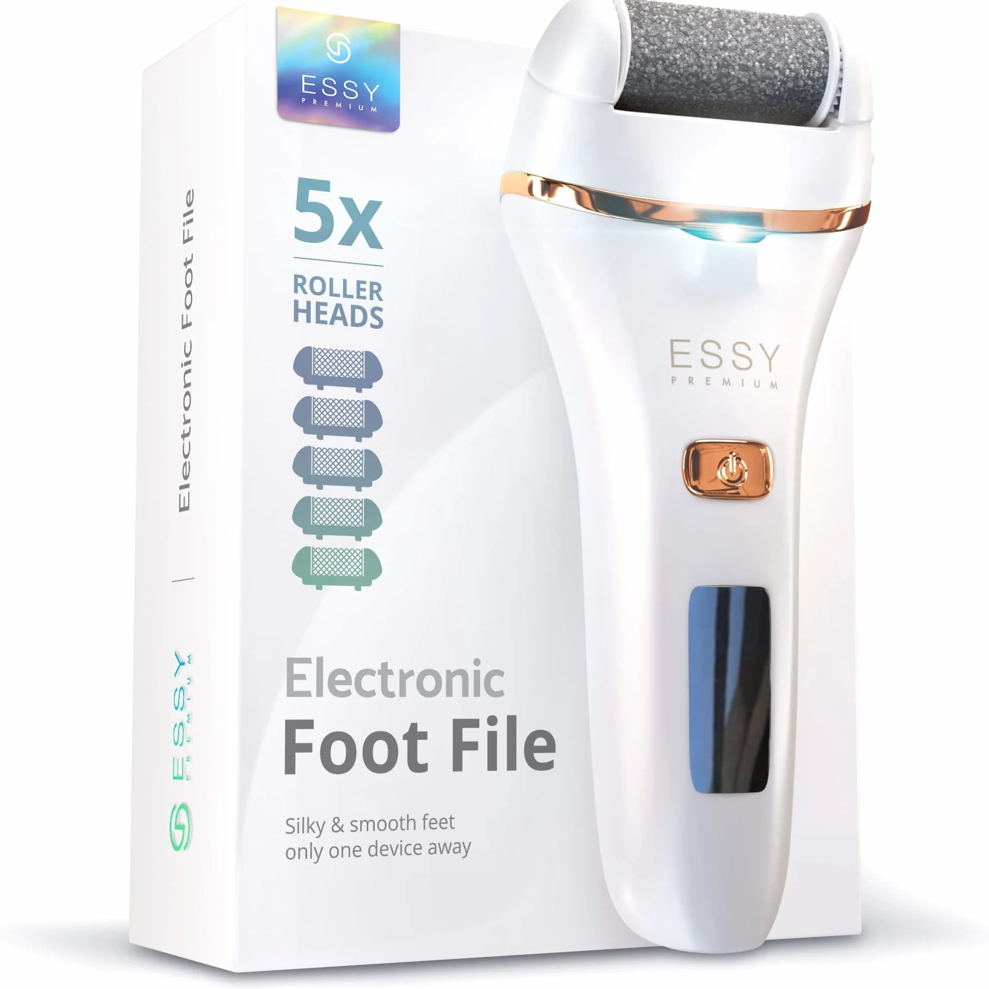 Essy Levigatore Elettrico per Piedi con 5 Rulli di Ricambio, Lima Ricaricabile per Rimozione Calli, 2 Velocità, Display LED, Ricarica USB, Kit Pedicure Bianco