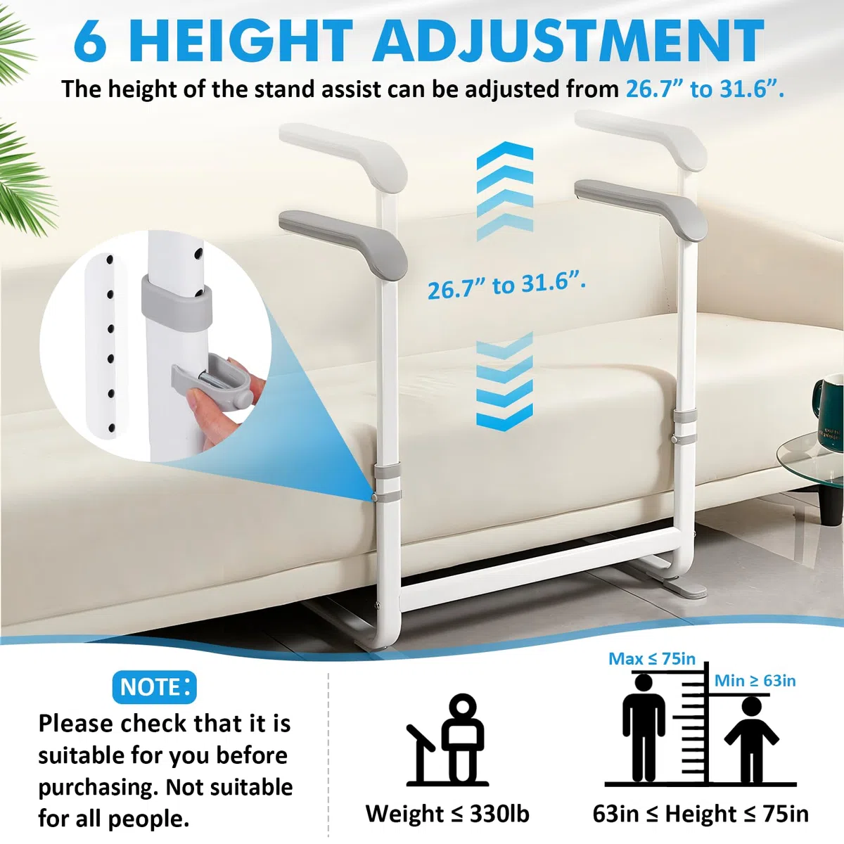 YUCHENGTECH Supporto Divano per Anziani 6 Altezza Regolabile Aiuto per Alzarsi dal Divano con Maniglie Antiscivolo per Pazienti Anziani e Disabili Carico 150 KG