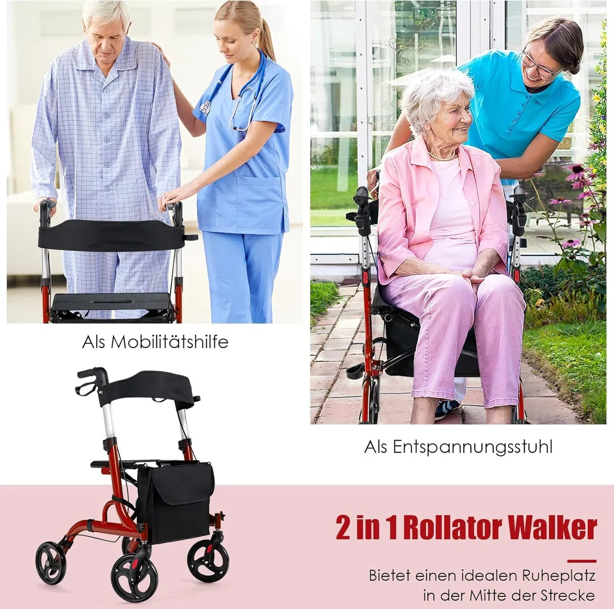 FANTASK Deambulatore pieghevole e leggero con sedile, sedia 2 in 1 e carrello da viaggio, regolabile in 6 posizioni