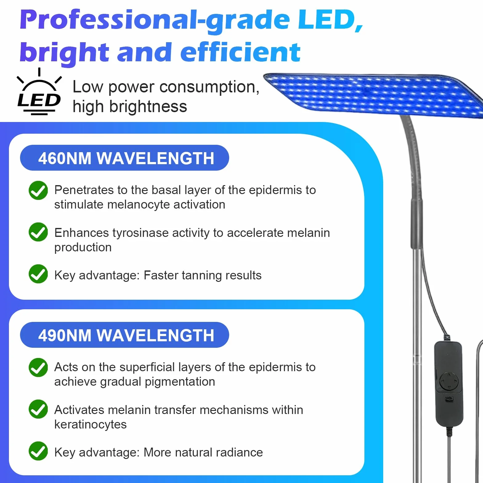 Solarium per la casa 460NM 490NM lampada abbronzante 25W luce blu supporto metallo regolabile timer 126 LED