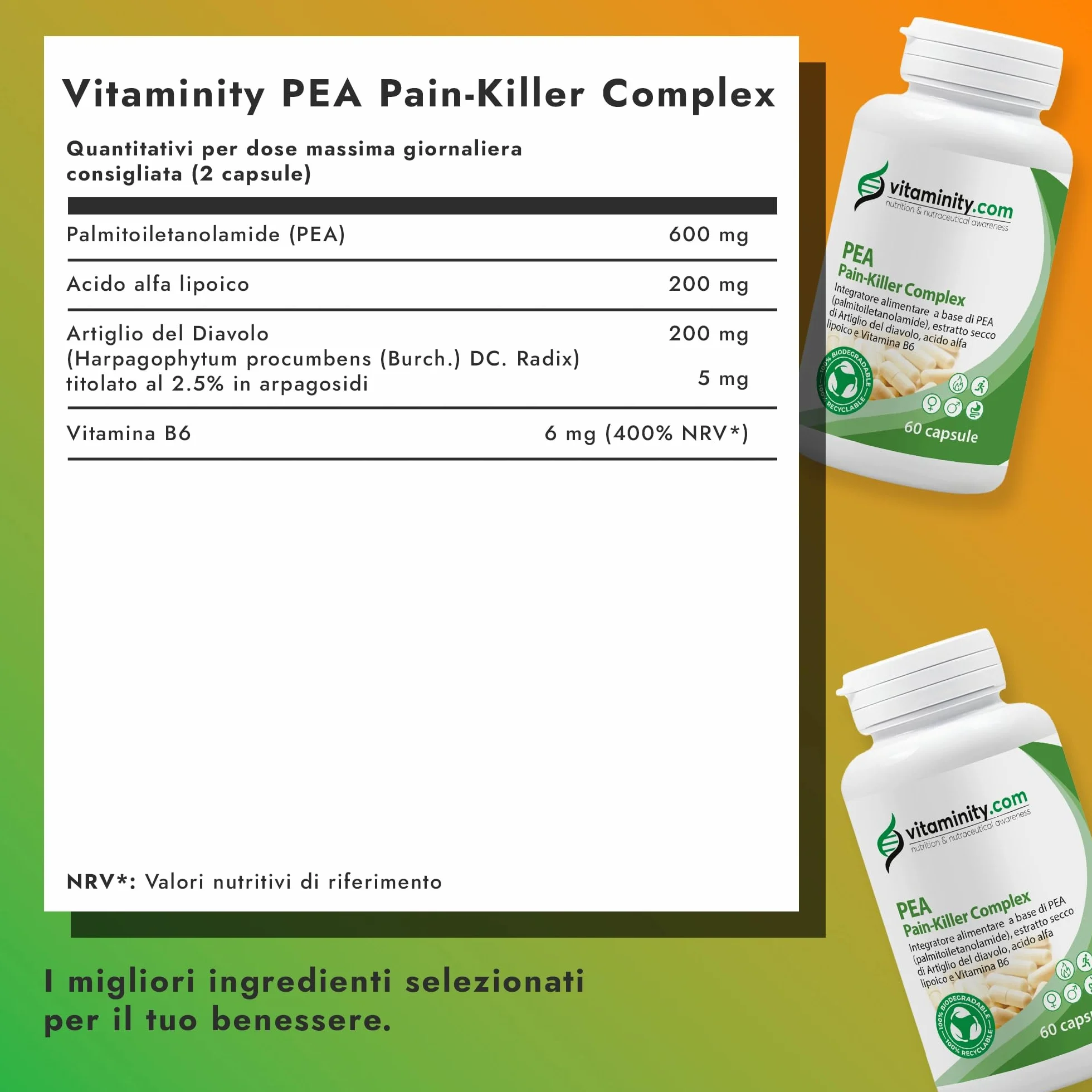 Vitaminity PEA Complex 60 capsule Integratore per Infiammazioni Muscolari di Nervi Muscoli e Articolazioni