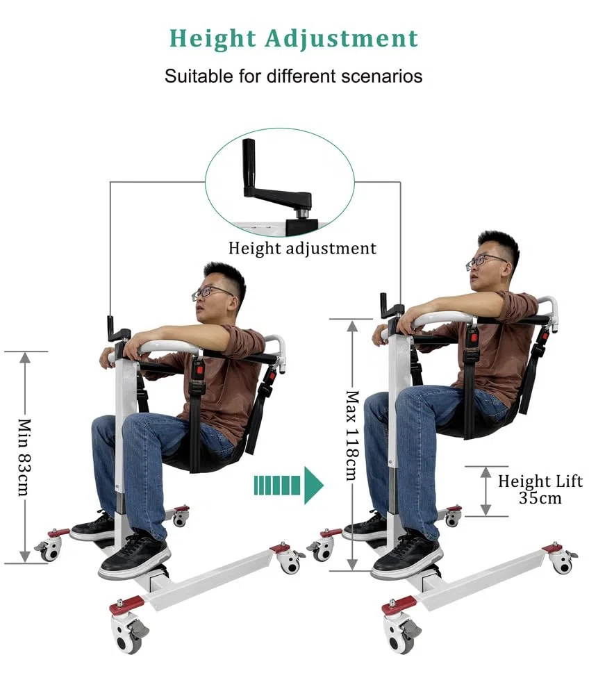 Sedia di Trasferimento con Sollevatore Manuale per Pazienti, Regolabile in Altezza/Larghezza, Ausilio di Sollevamento Portatile per Disabili, Sedia di Trasporto con Comoda da Letto