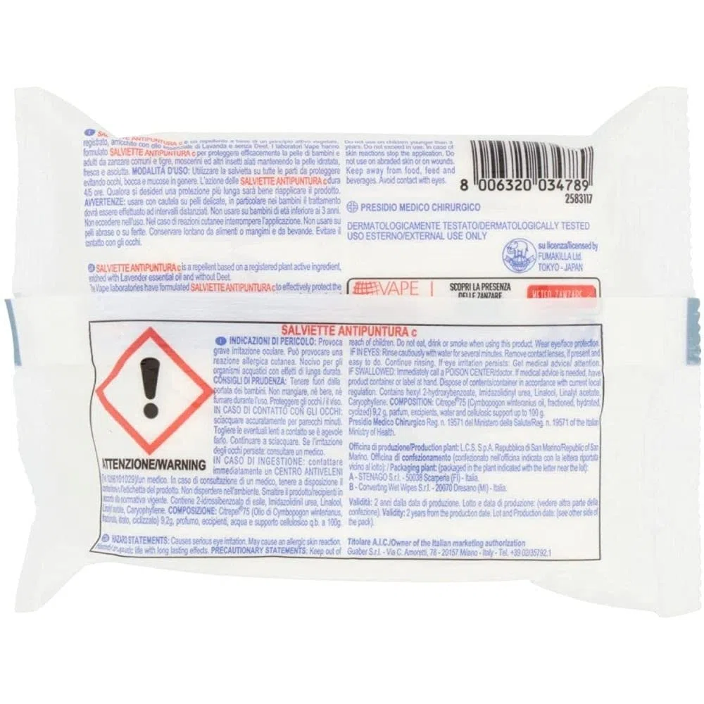 Vape Derm Herbal Antipuntare Zanzare 12 Confezioni da 15 Salviette Olio Essenziale