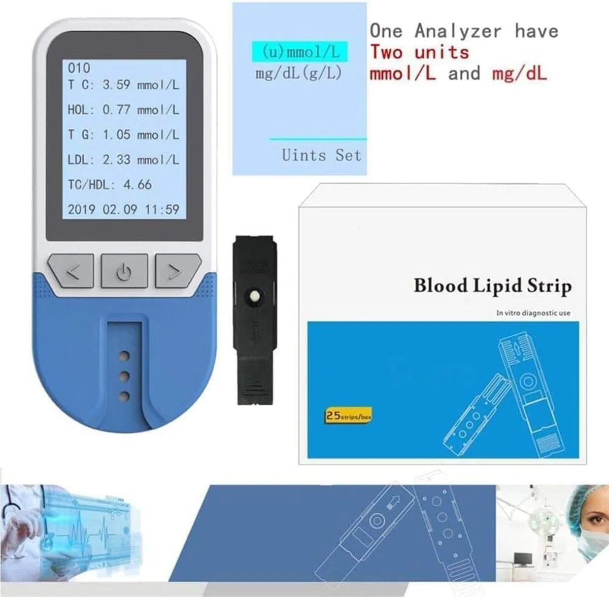 BLUEZY 4 in 1 Tester di Colesterolo Multifunzionale con 25 Strisce, Misuratore Colesterolo, Misuratore Colesterolo E Trigliceridi per La Misurazione del Colesterolo Totale, LDL, HDL A