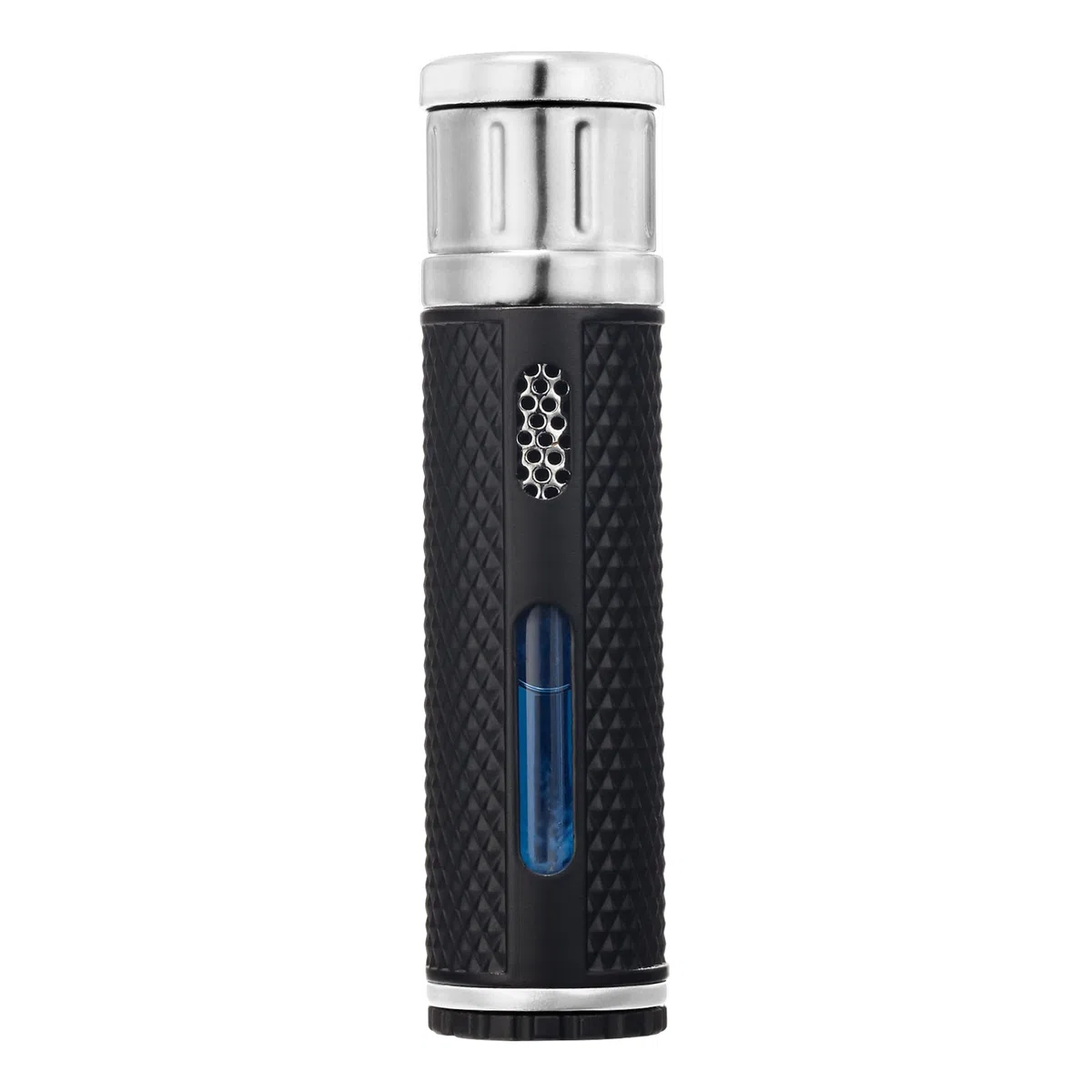 Colibri EVO Accendino angolare a getto singolo a butano, antivento e ricaricabile, facile da usare, con impugnatura Pachmayr, finestra blu carburante e fiamma regolabile, design elegante (argento)
