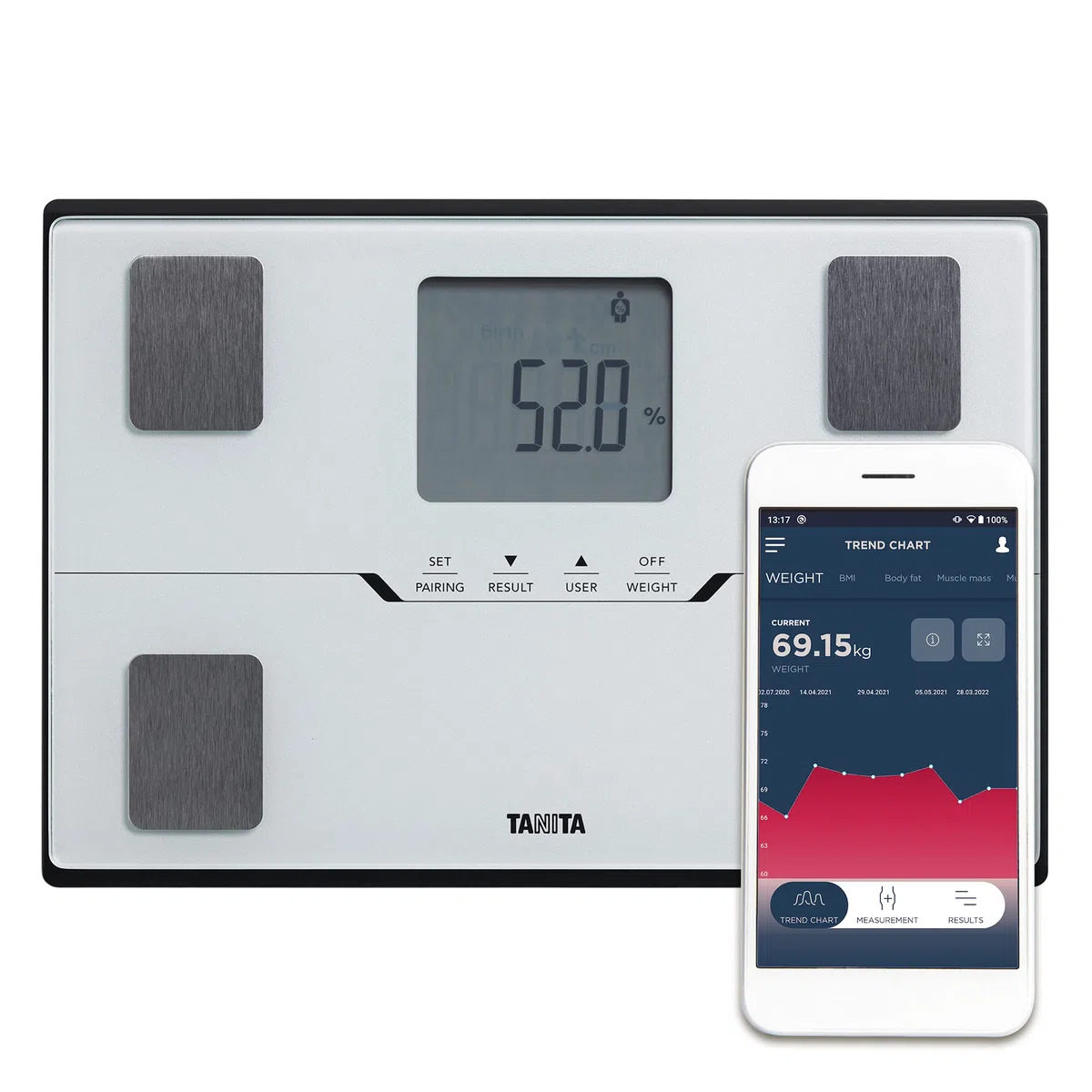 TANITA BC-401 Bilancia intelligente per composizione corporea familiare compatta bianca con APP per il monitoraggio del fitness