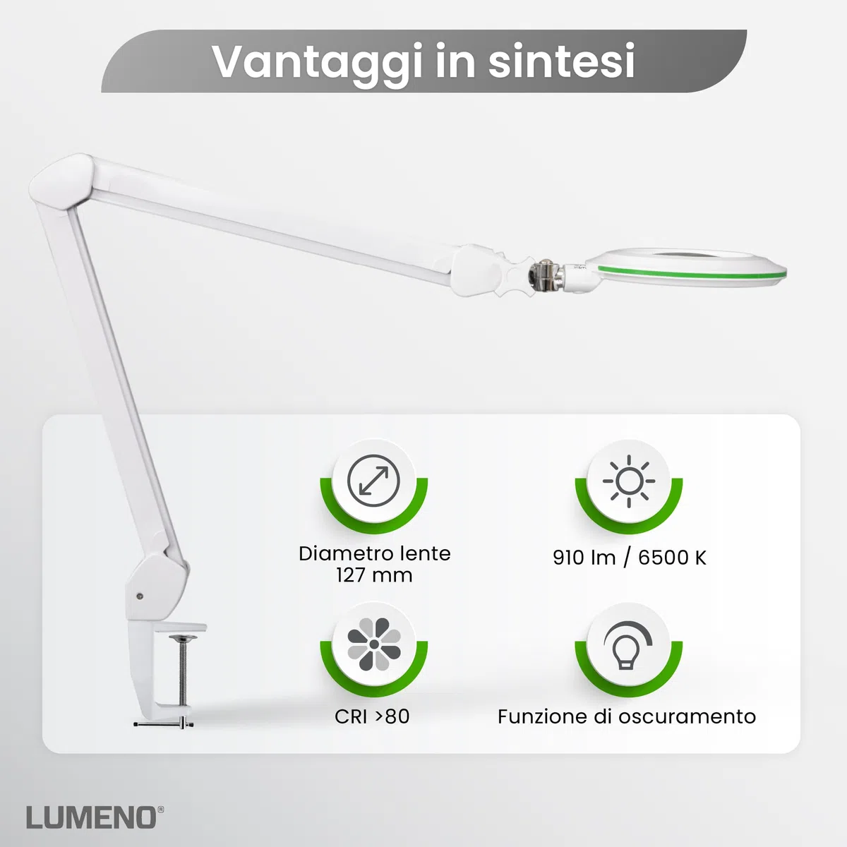 Lampada d'ingrandimento Lumeno Lambda M, dimmerabile con lente in vetro cristallino da 127 mm, ideale per saloni di bellezza, studi medici, hobbisti, ausili per la lettura, Verde 5 diottrie