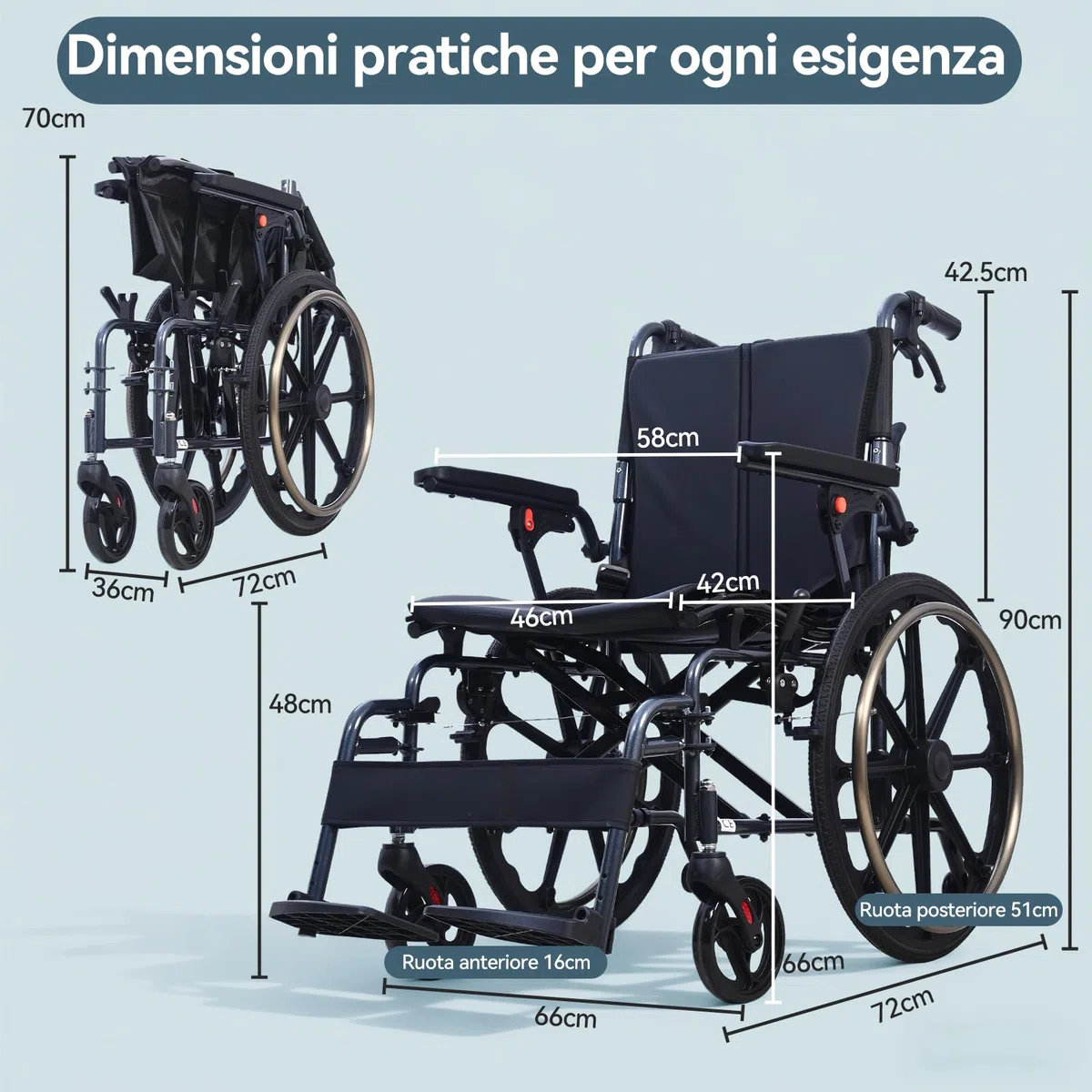 M4 Sedia a rotelle pieghevole autopropulsata per adulti(11KG), seduta ampia 46cm, con poggiapiedi rimovibili, ruote antiribaltamento e doppio sistema frenante, robusta e resistente, portata 100KG-Nero