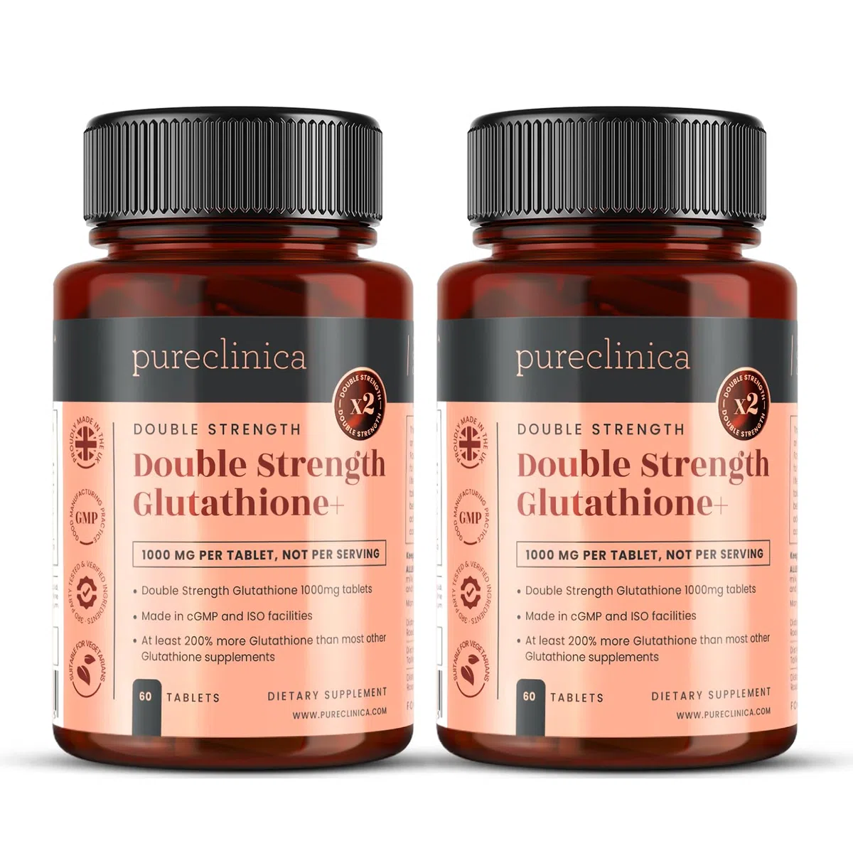 Glutatione a doppia forza 1000mg x 120 compresse (bottiglie da 60). Con 500 mg di glutatione, 300 mg di ALA e 200 mg di vitamina C per compressa