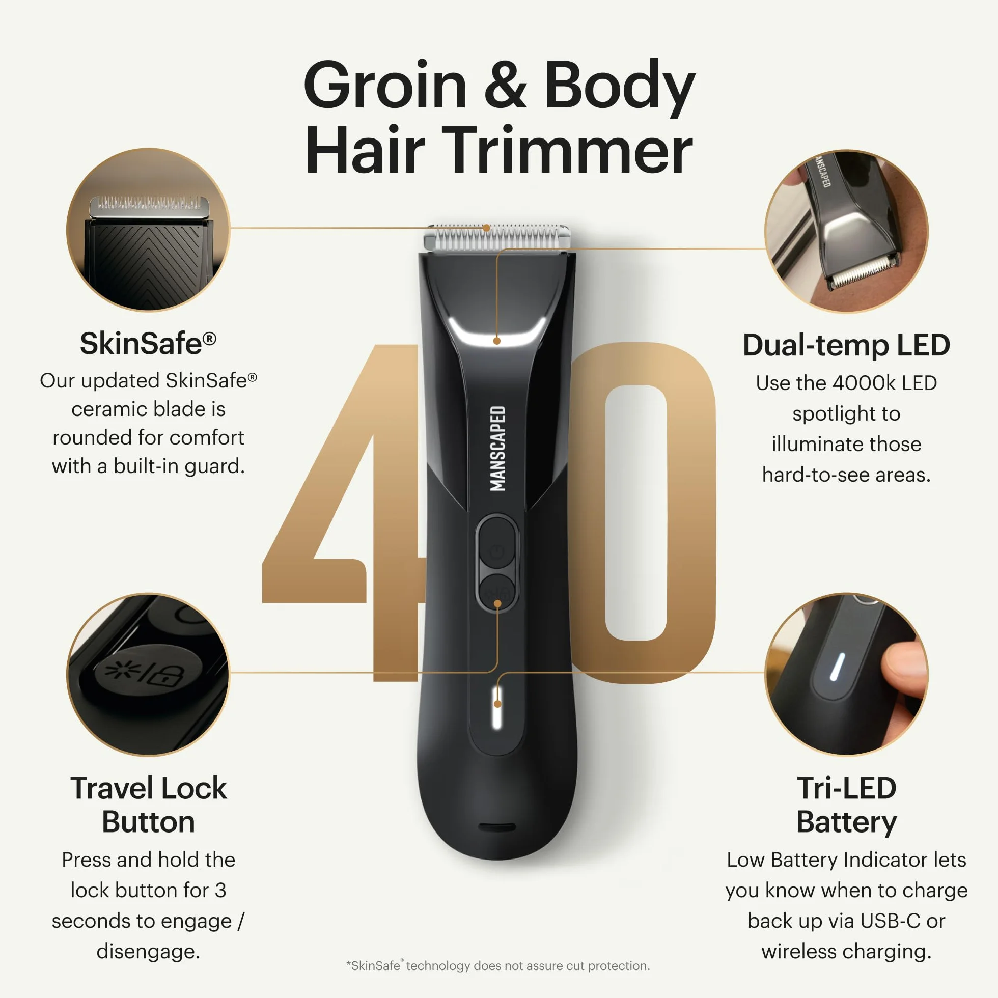 MANSCAPED® The Lawn Mower® 4.0 PRO - Rifinitore per peli del corpo e dell'inguine, lama per rifinitore SkinSafe® aggiornata, impermeabile, USB-C, ricarica wireless, rasoio da uomo, blocco da viaggio