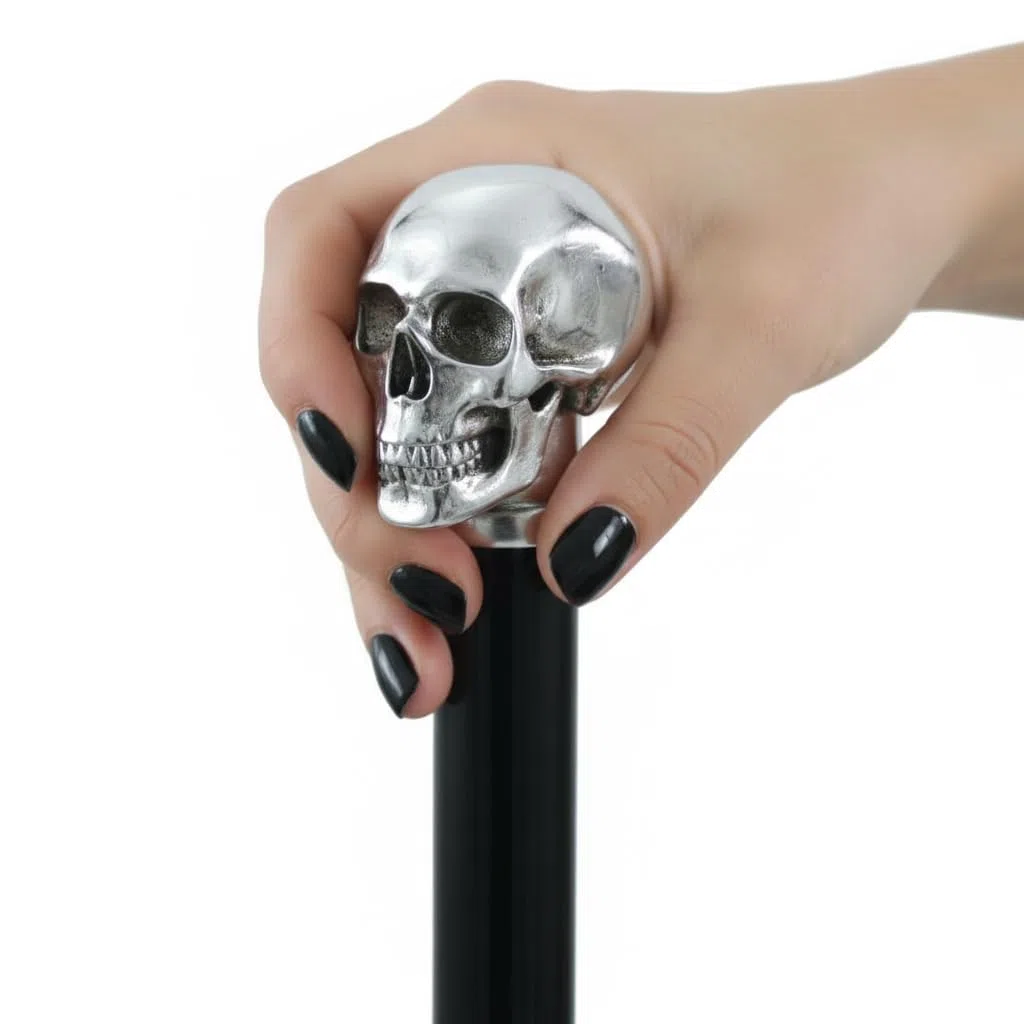 CAVAGNINI Bastone da Passeggio Teschio per Uomo - Elegante in Faggio Fatto a Mano - Maniglia in Peltro Color Argento con Nome Inciso