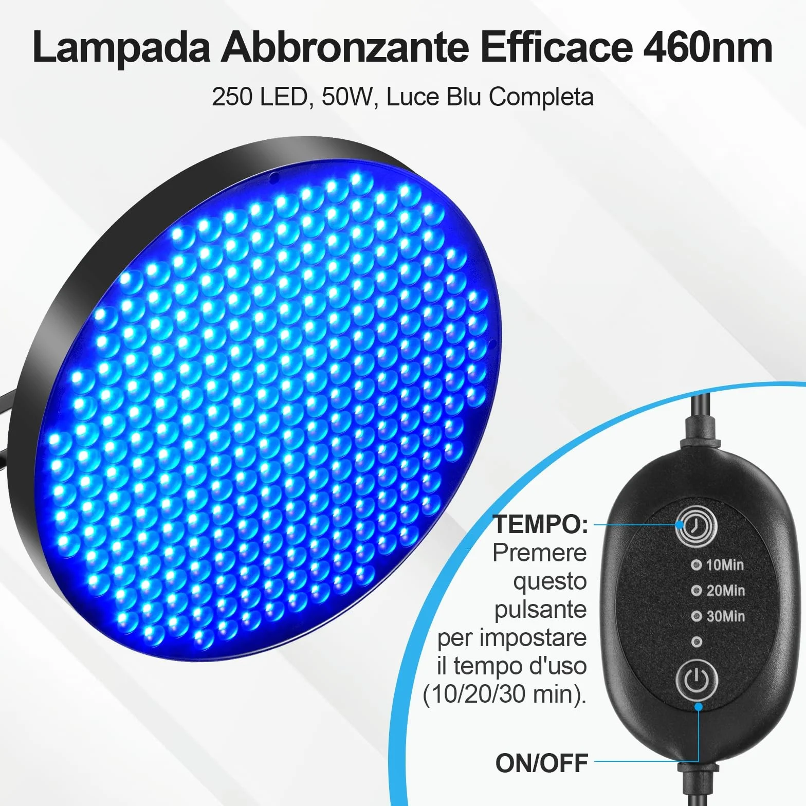 Lampada Abbronzante Viso Casa 50W Solarium 250 LED Con Supporto Regolabile Occhiali (Blu)