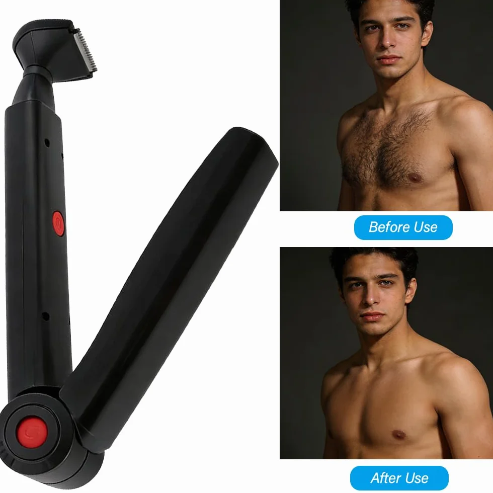 Rasoio Schiena Uomo Elettrico, Rasoio Corpo con 2 Testine Staccabile e Impugnatura Ergonomica, Pieghevole USB