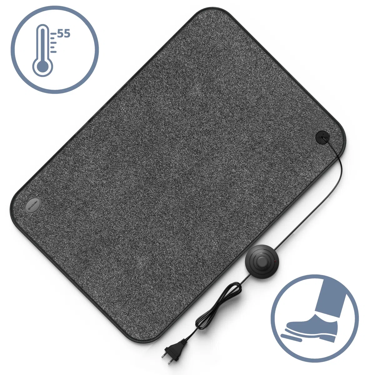 Björn&Schiller Tappetino riscaldante elettrico con interruttore a pedale, tappeto riscaldante piedi per pavimento, 75 Watt, riscalda piedi elettrica, 40x60 cm, per ufficio e casa, cavo da 210 cm