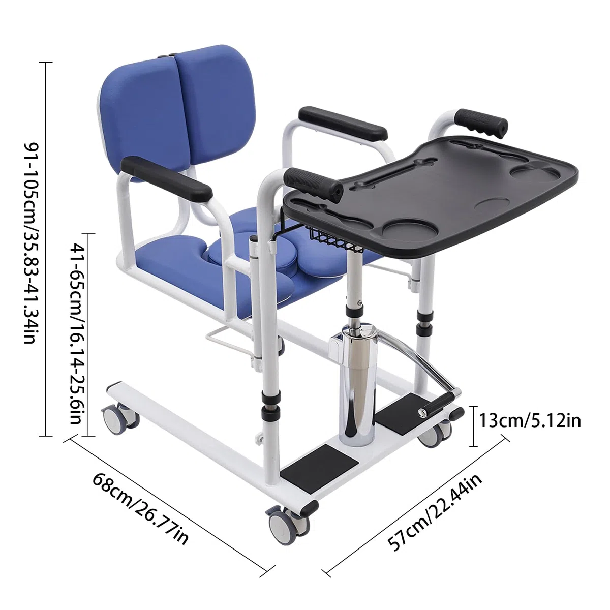 Sollevatore idraulico per pazienti Sedia di trasferimento, 150 kg (330 lbs). Sedia a rotelle di trasporto multifunzionale per anziani idraulica regolabile in altezza Sedia da doccia Sedia elevatrice