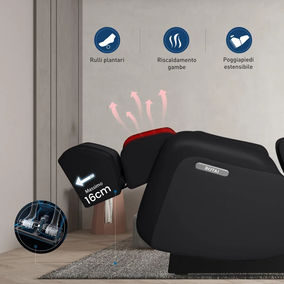 ROTAI ARONT Poltrona massaggiante 3D+ - 12 programmi professionali di massaggio e pressoterapia - Termoterapia - Tecnologia Gravità e Spazio Zero Suono 3D Bluetooth